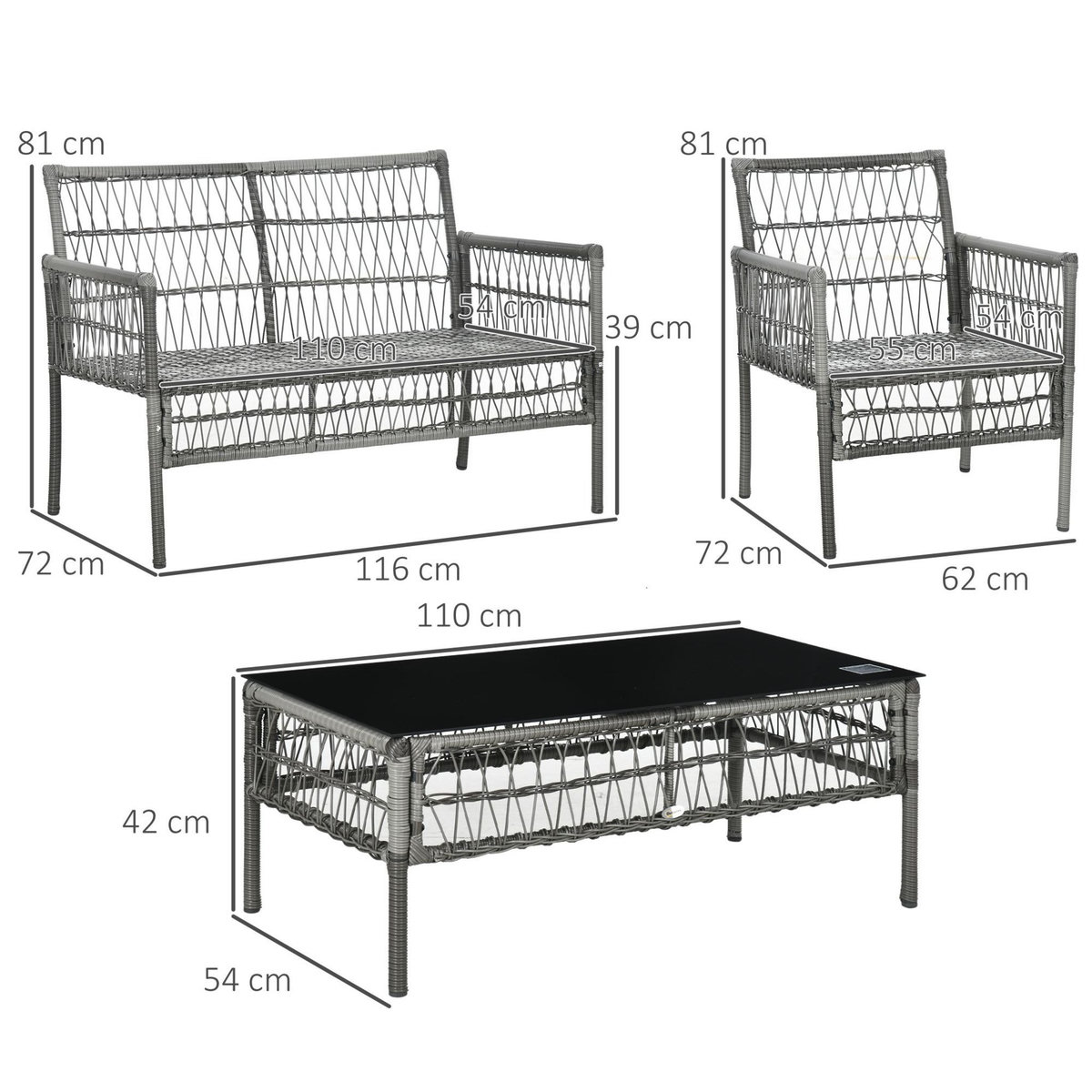 OUTSUNNY Ensemble salon de jardin 4 personnes 4 pièces - 8 coussins inclus - métal résine aspect rotin - beige gris