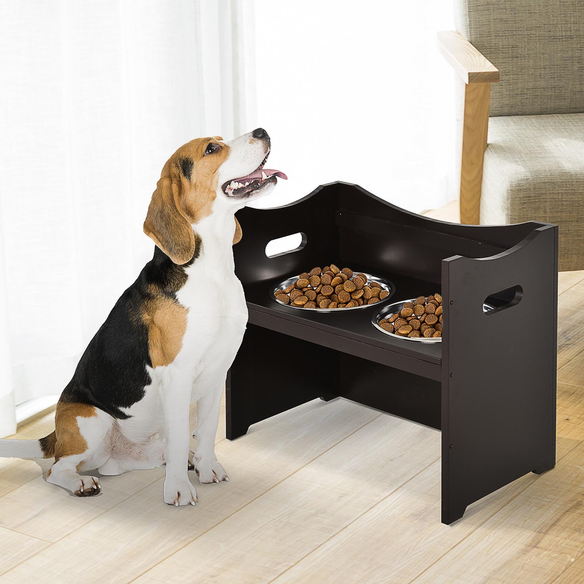 Voir la diapositive 2 : PAWHUT Gamelle double chien chat porte-gamelles surélevé dim. 54L x 31l x 47H cm 2 gamelles acier inox. incluses MDF brun foncé