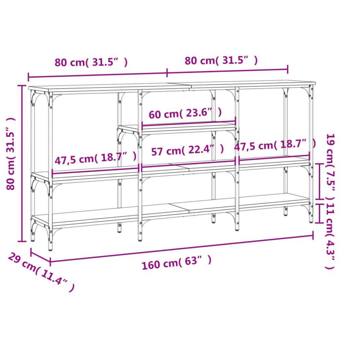 VIDAXL Table console sonoma gris 160x29x80 cm bois d'ingenierie