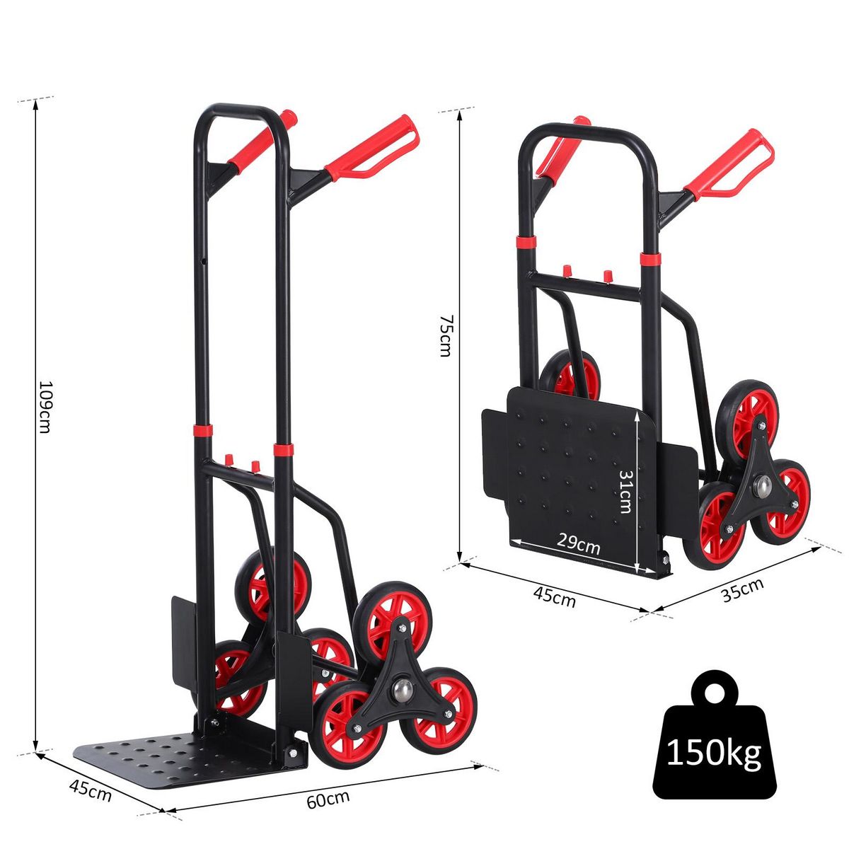 HOMCOM Diable pour escalier 6 roues diable repliable extensible 150 Kg - chariot pliable acier noir rouge