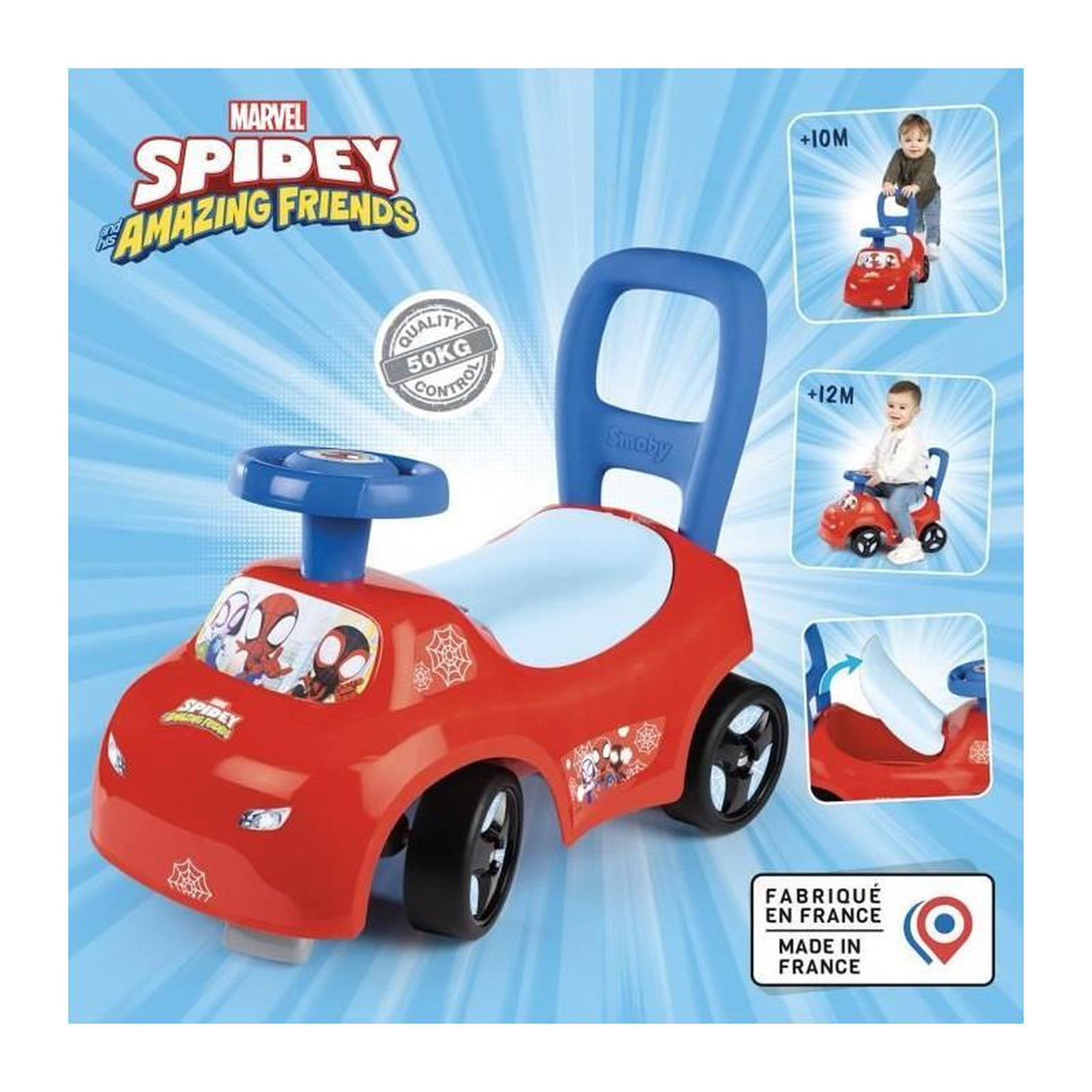 Voir la diapositive 2 : SMOBY Smoby - Porteur auto enfant 2 en 1 - Spidey - Coffre sous la selle + klaxon - Des 10 mois - Fabrication française