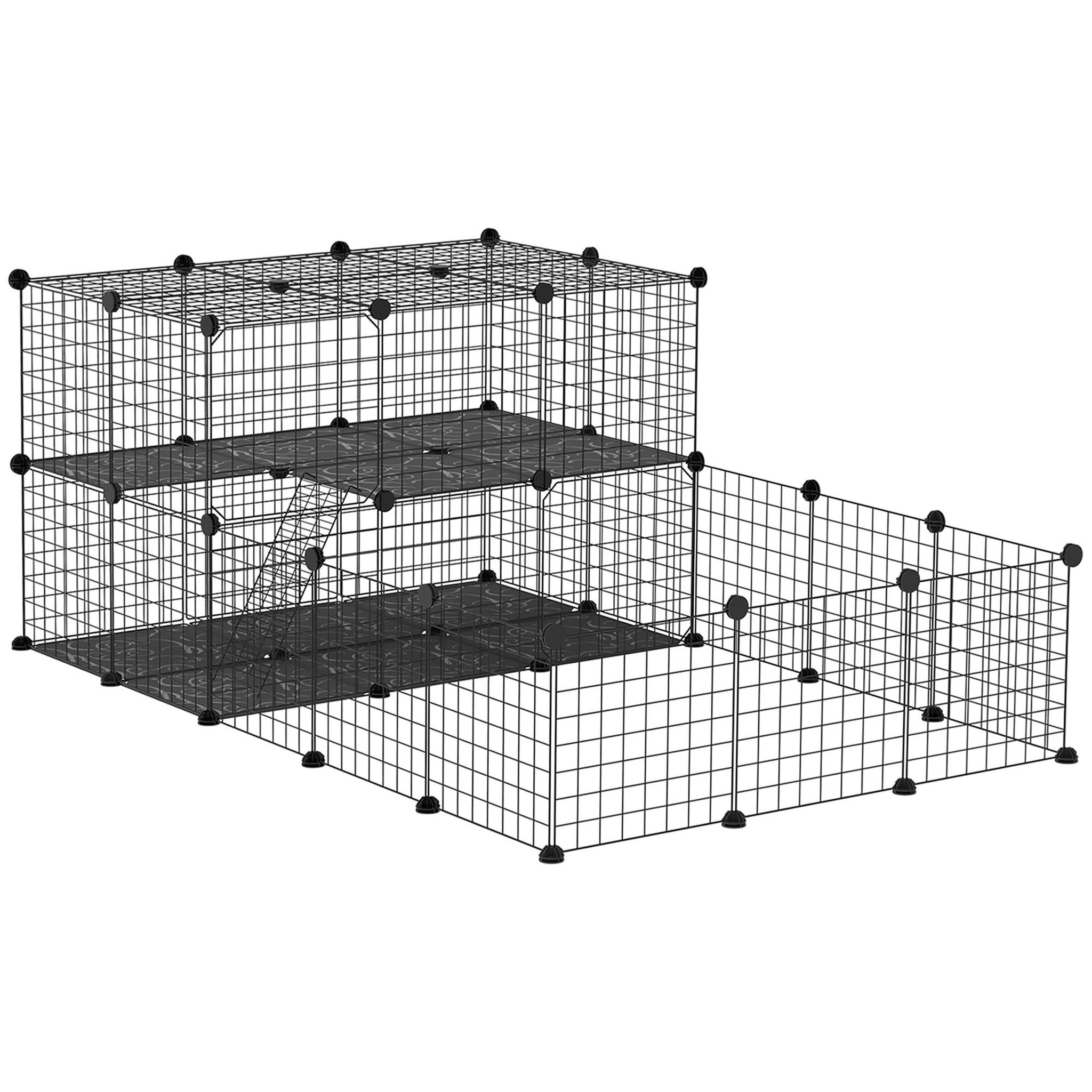 PAWHUT Cage parc enclos rongeurs modulable dim. L 175 x l 105 x h 70 cm 2 niveaux 2 portes rampe résine pp fil métallique noir