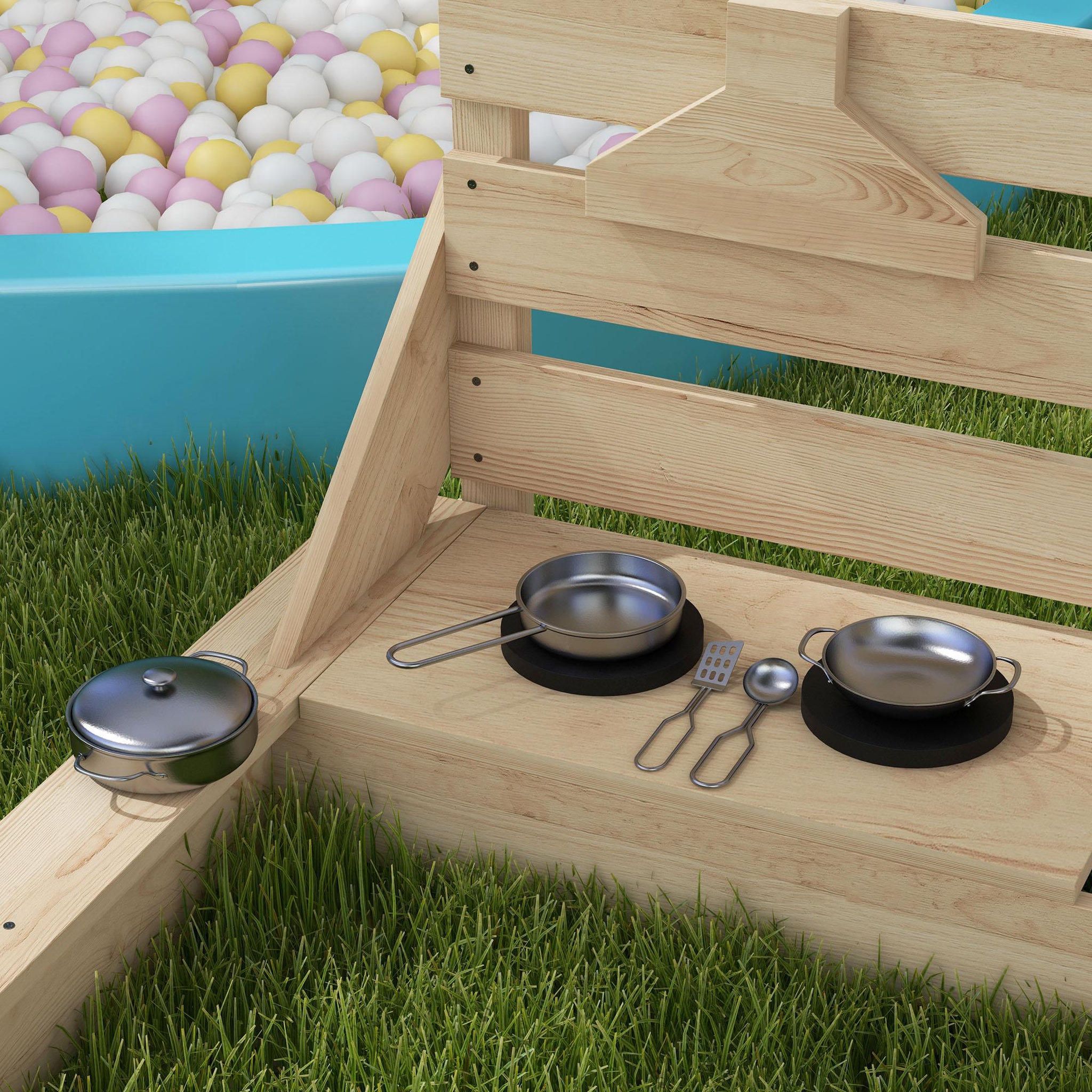 Voir la diapositive 4 : OUTSUNNY Bac à sable bateau de pirate en bois avec jeu de cuisine et 6 accessoires