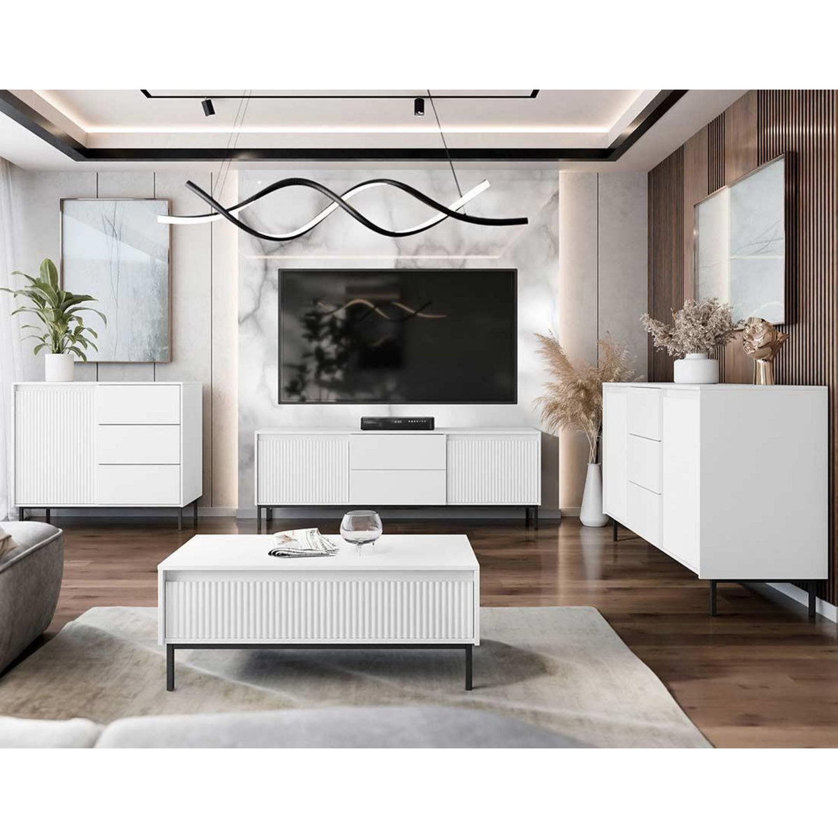 BEST MOBILIER Girona - meuble tv - blanc - 2 portes et 2 tiroirs - 174 cm
