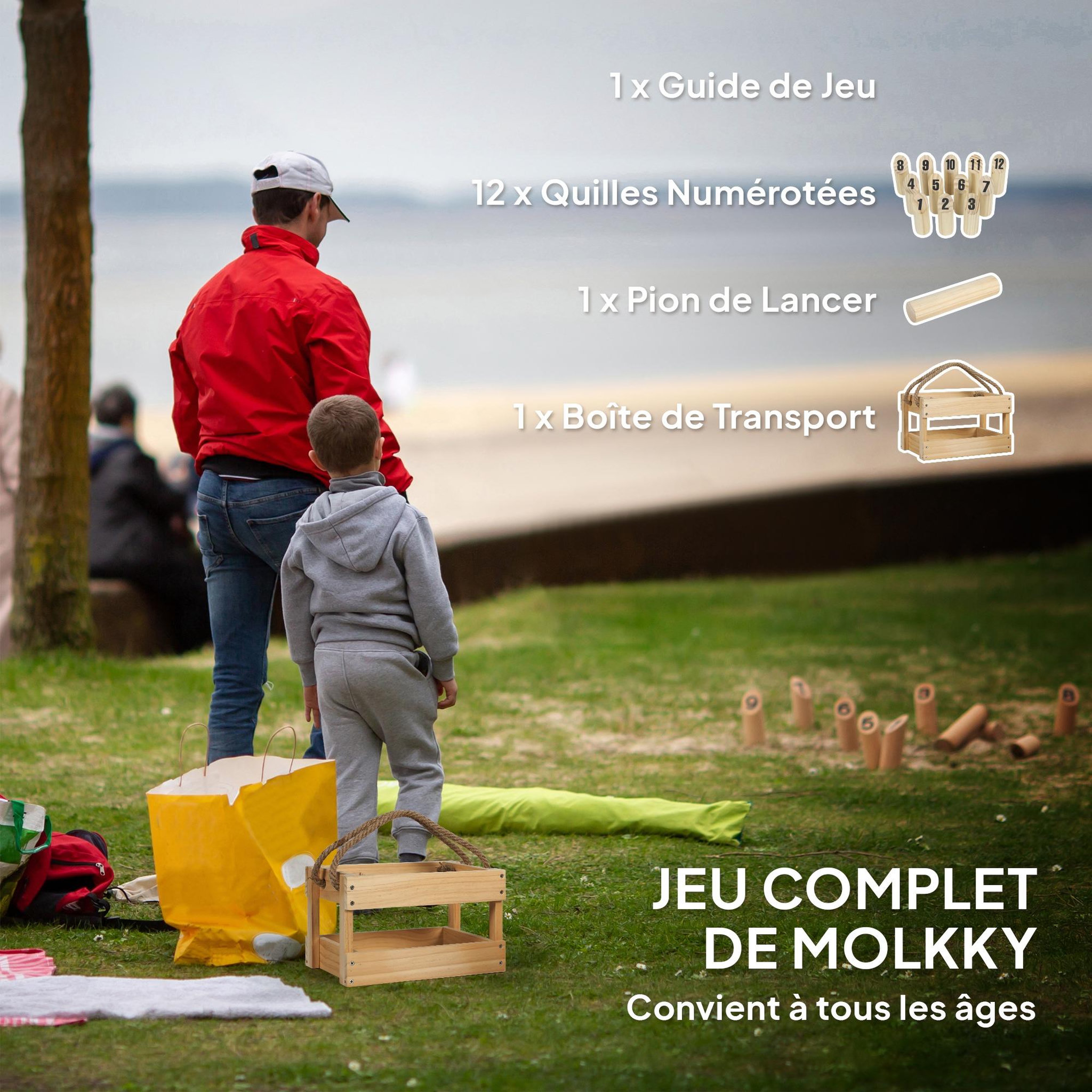 Voir la diapositive 5 : HOMCOM Jeu de quilles finlandaises - 12 quilles, bâton et panier de transport - bois de pin