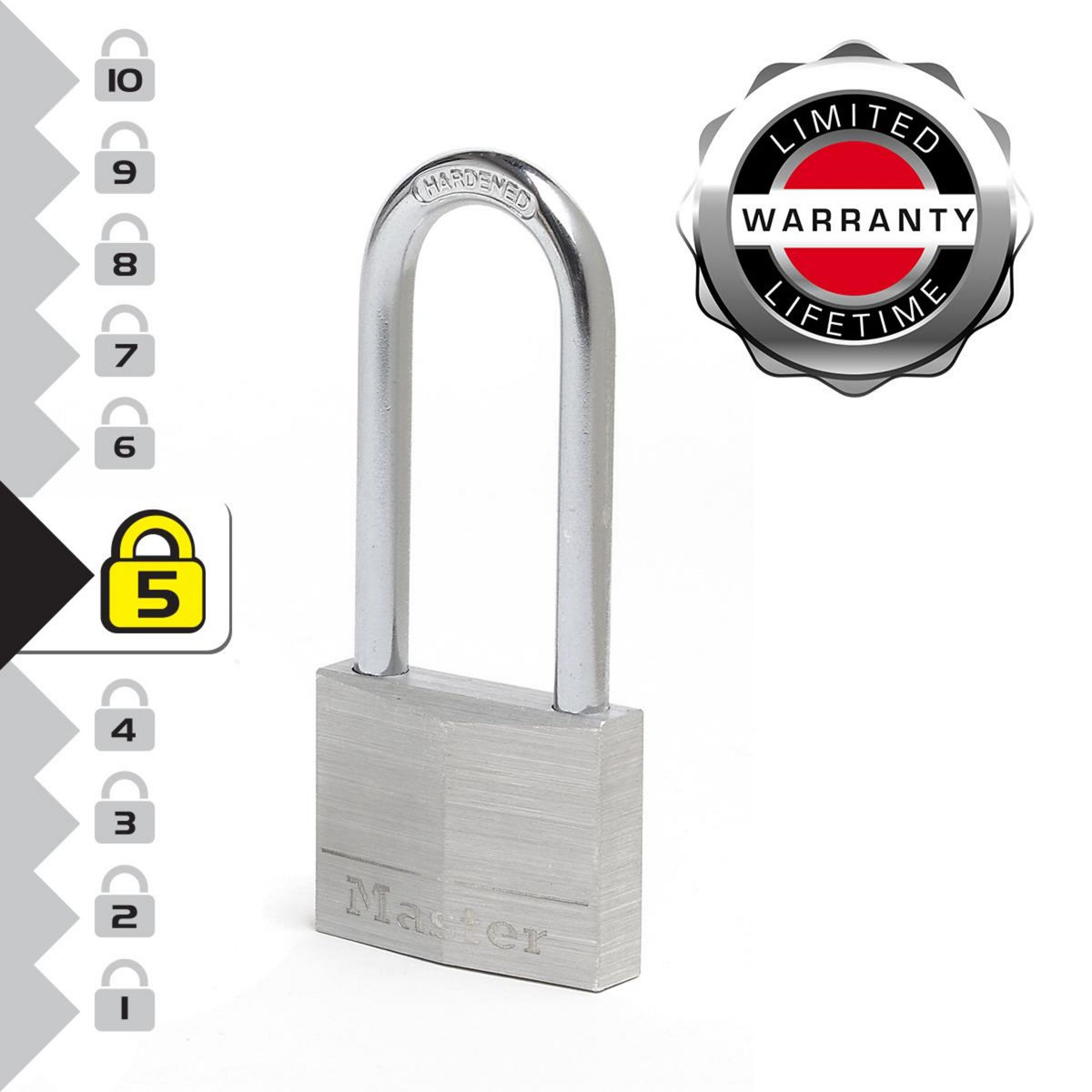 Master lock 9150EURDLJ Cadenas à Clé en Aluminium Massif avec Anse Longue, Gris, 5 x 10,7 x 1,4 cm