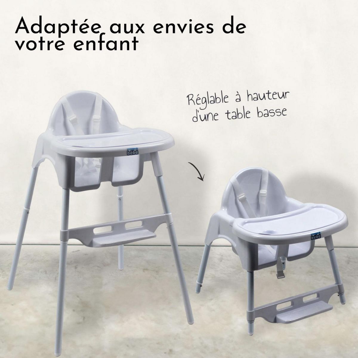 Monsieur Bébé Chaise haute bébé réglable hauteur et tablette