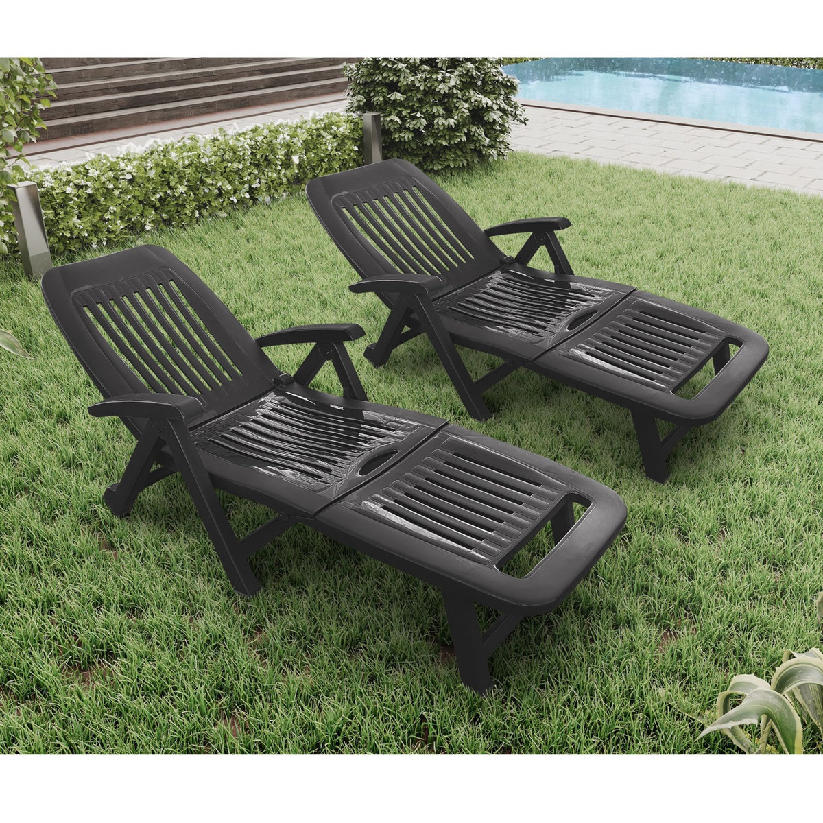 ARETA Lot de 2 bains de soleil - Résine - Anthracite - FIORELLO