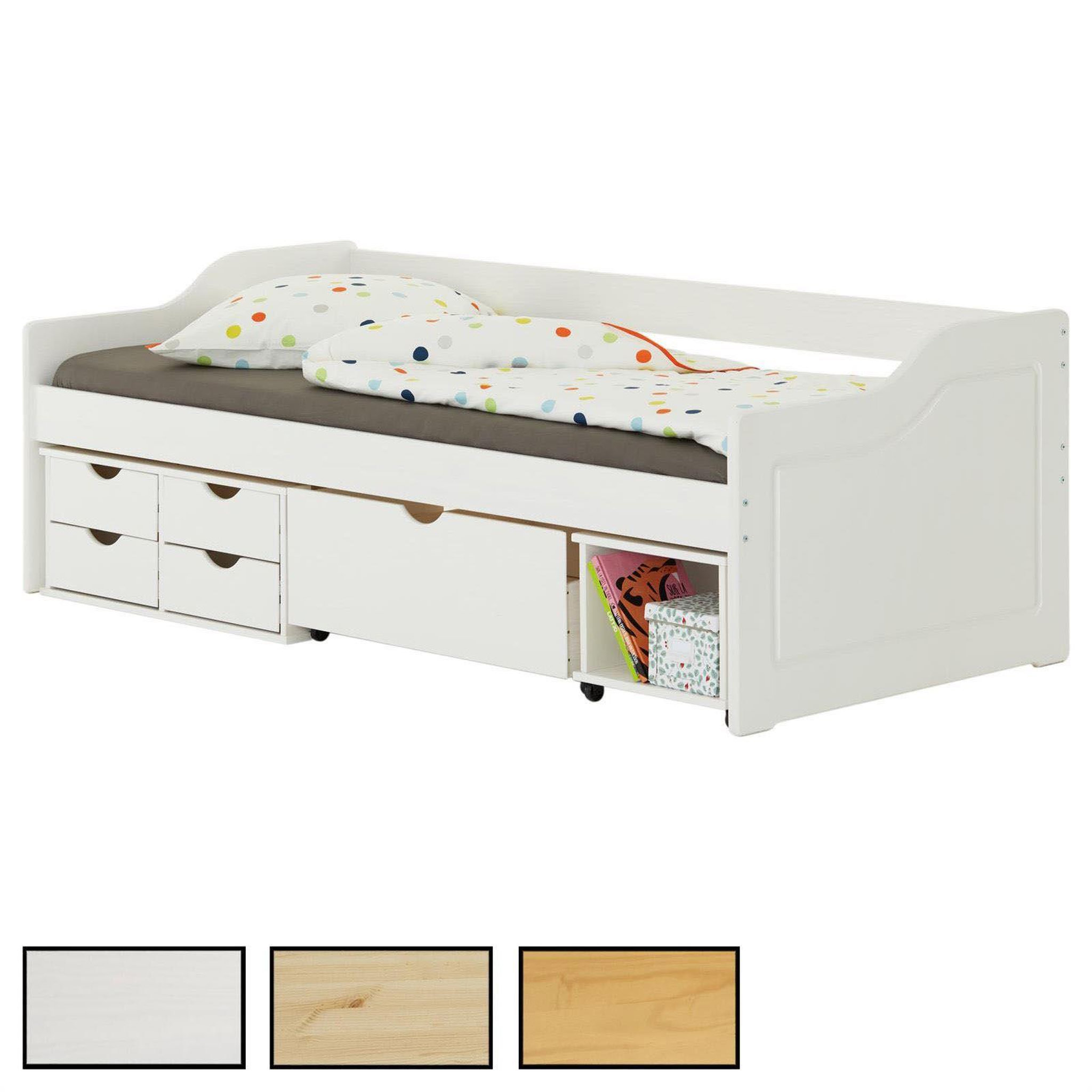 IDIMEX Lit fonctionnel SENTA en pin massif, 90 x 200 cm. Coloris disponibles : Blanc
