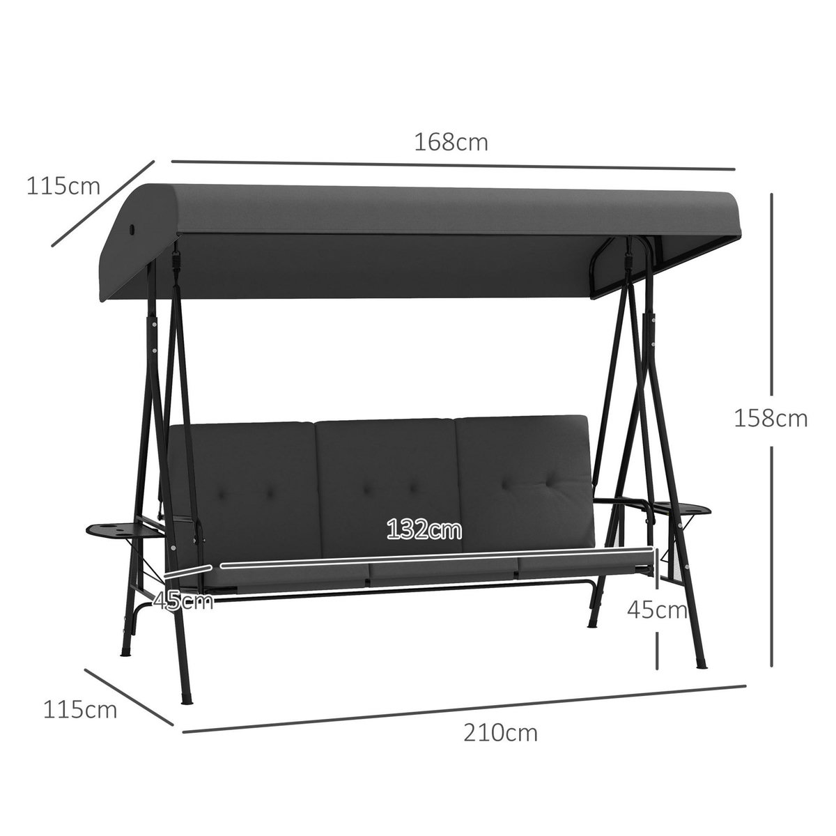 OUTSUNNY Balancelle de jardin 3 places grand confort - toit réglable, 2 tablettes latérales, coussins - acier polyester anthracite