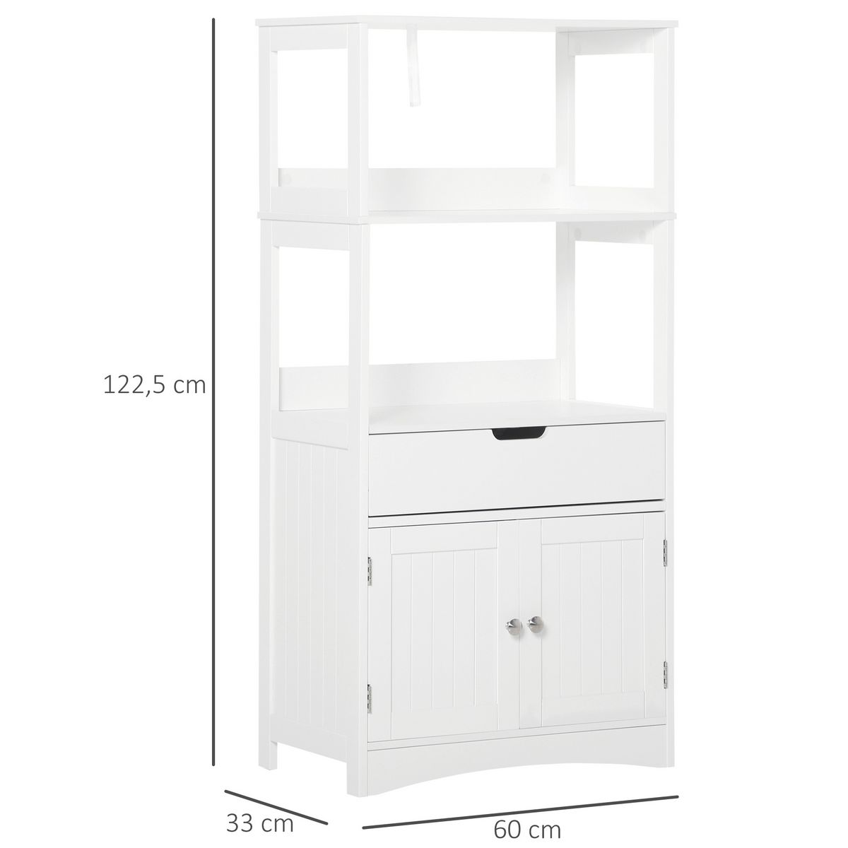 KLEANKIN Meuble de rangement salle de bain - 2 portes, tiroir, 3 étagères - dim. 60L x 33l x 122H cm - MDF blanc