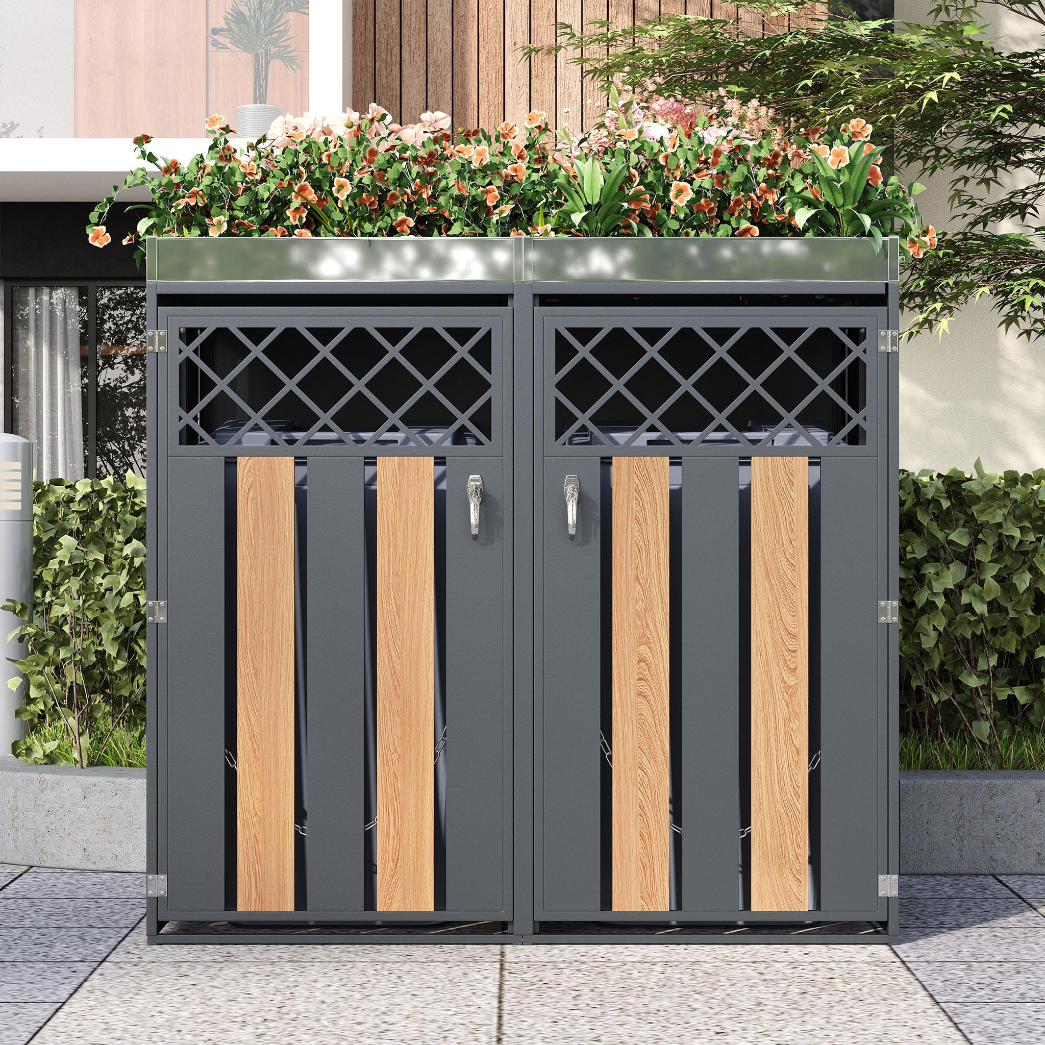 Voir la diapositive 4 : MERAX Cache Poubelle Extérieur 2 Bacs avec Bac à Plantes, Rangement, Gris