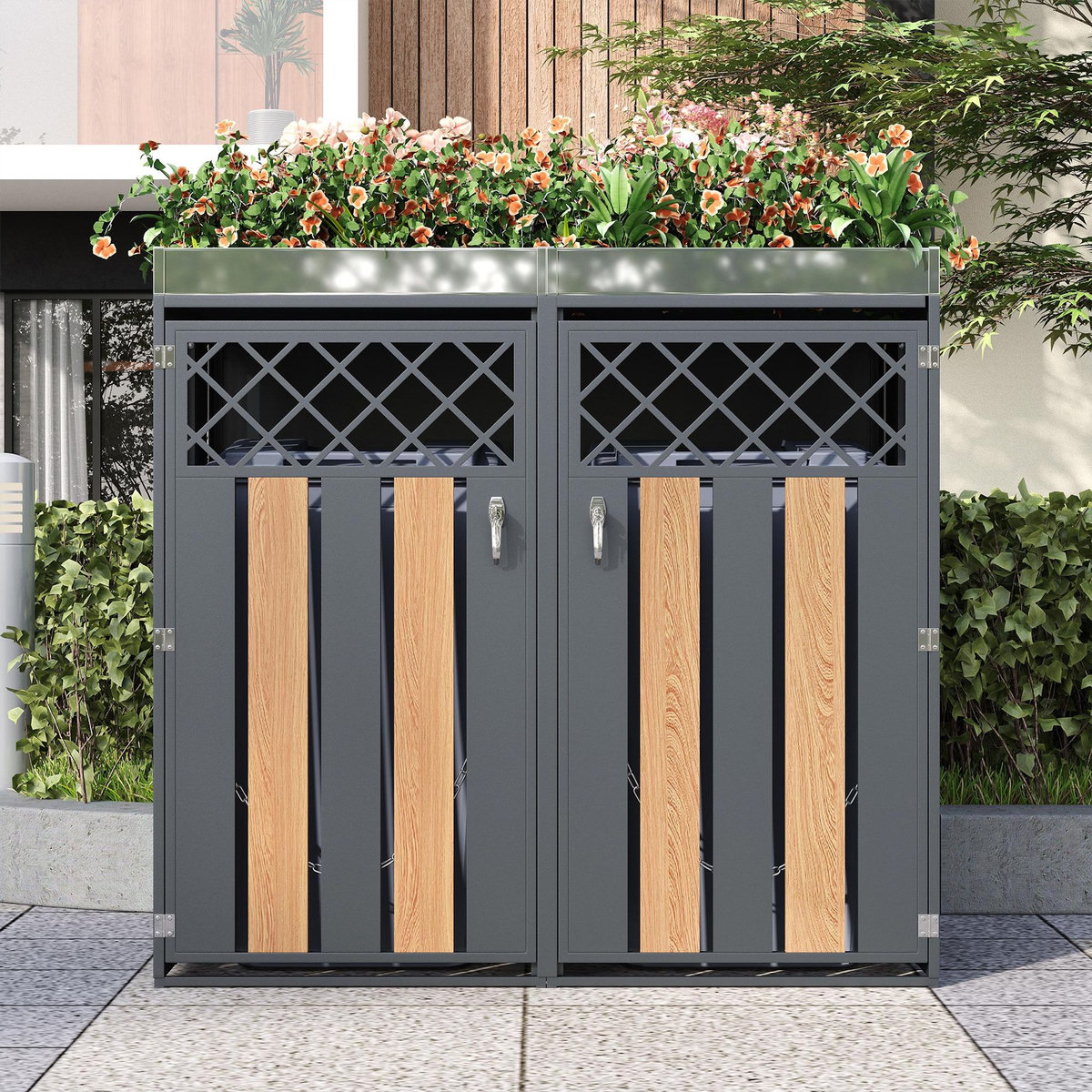 MERAX Cache Poubelle Extérieur 2 Bacs avec Bac à Plantes, Rangement, Gris