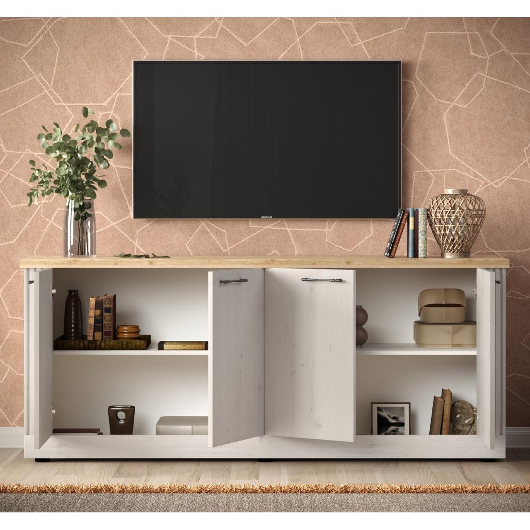 Voir la diapositive 3 : JLC KREATION Buffet moderne 4 portes coloris chêne naturel 210cm YANIS