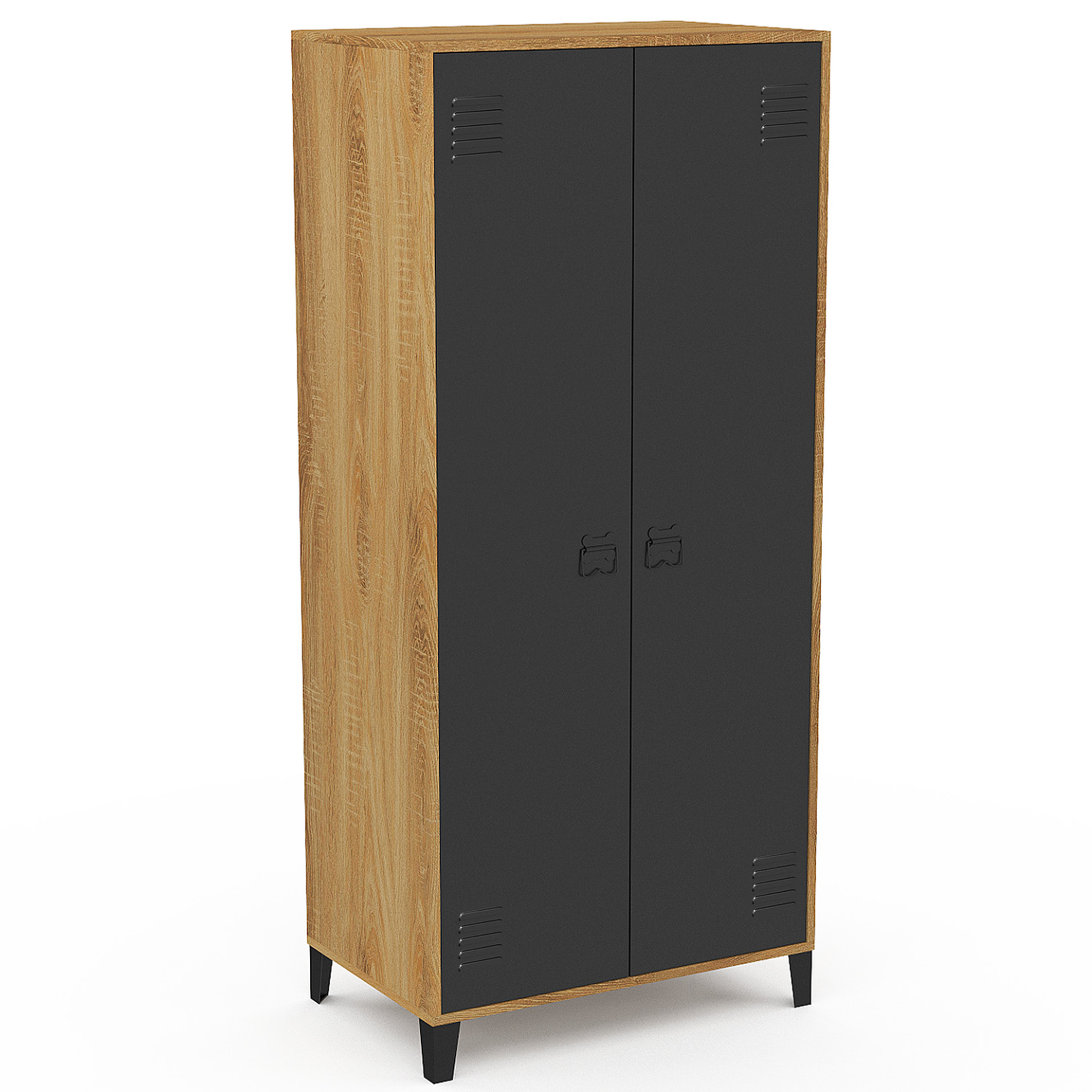 ID MARKET Armoire vestiaire penderie ester 2 portes métal noir et contour bois design industriel