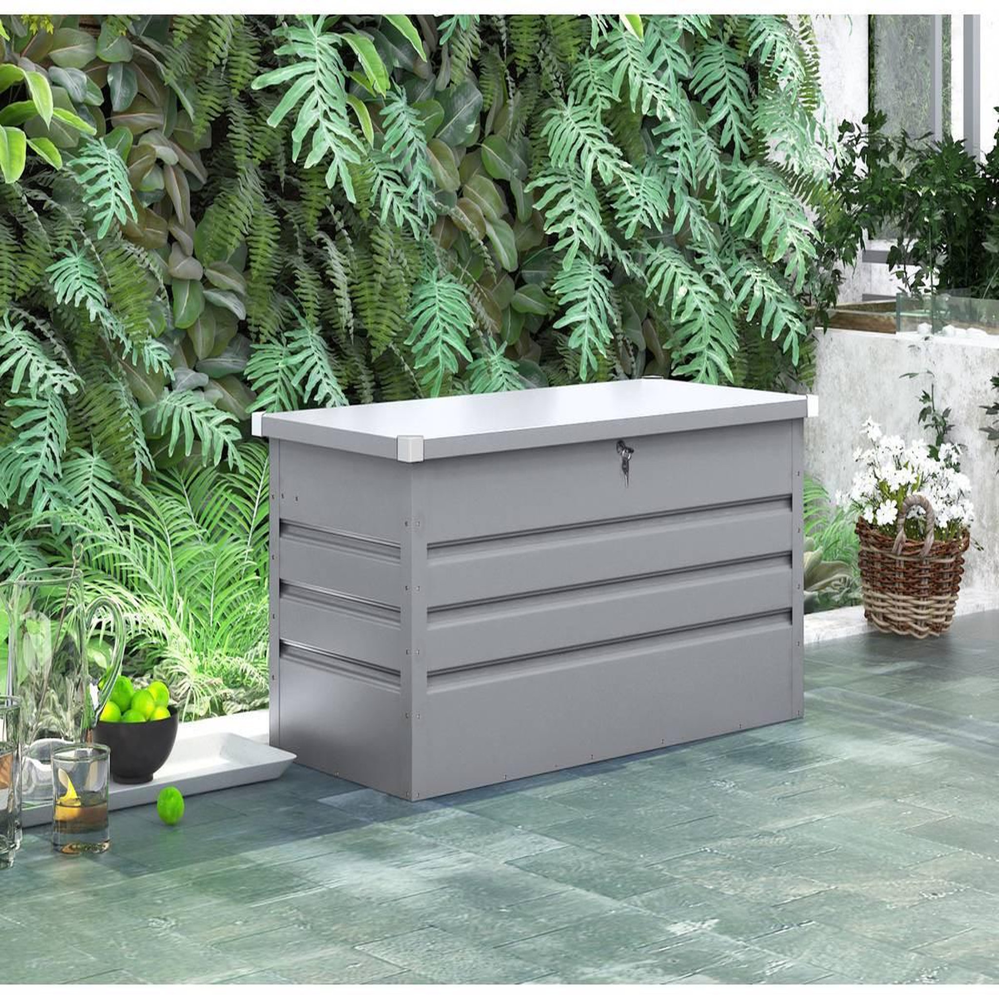 Voir la diapositive 2 : Habitat et Jardin Coffre de jardin métal  store  - 480l - argent