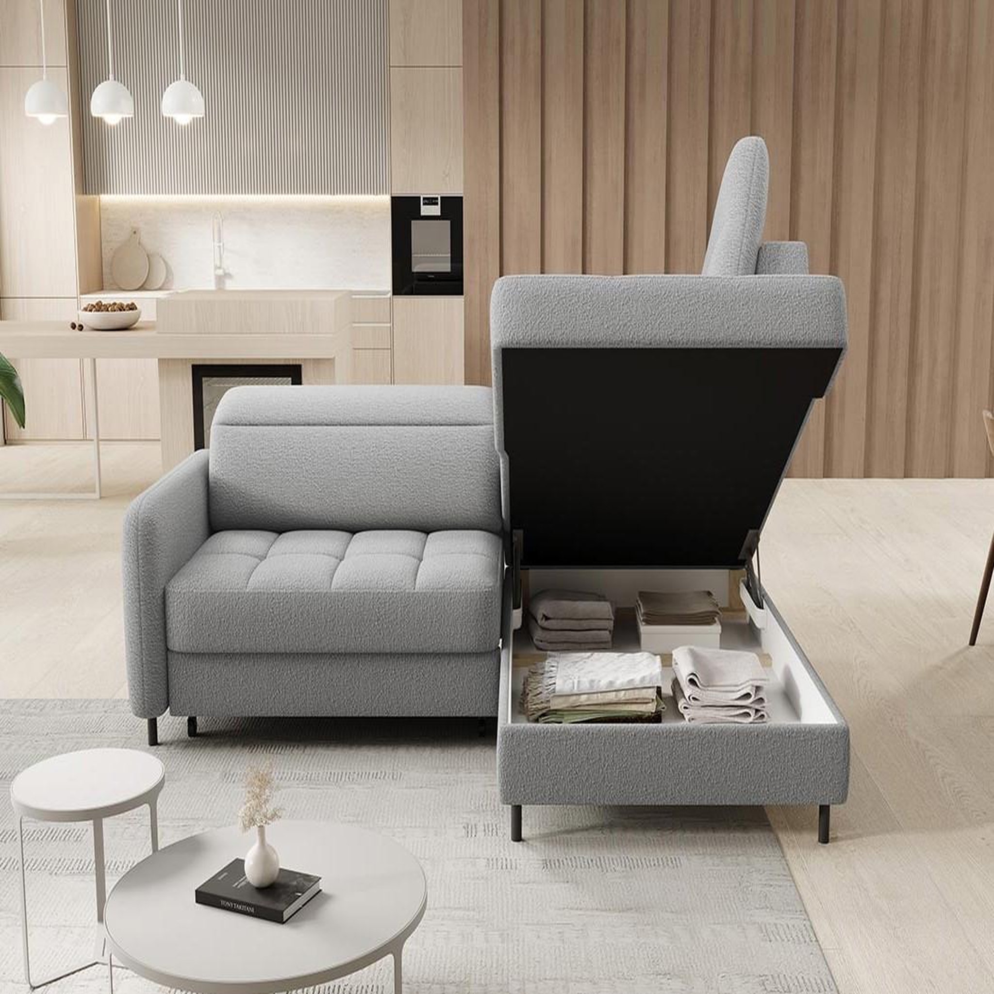 Voir la diapositive 2 : BEST MOBILIER Kalibo - canapé d'angle droit - 5 places - convertible avec coffre et têtières - en tissu bouclette