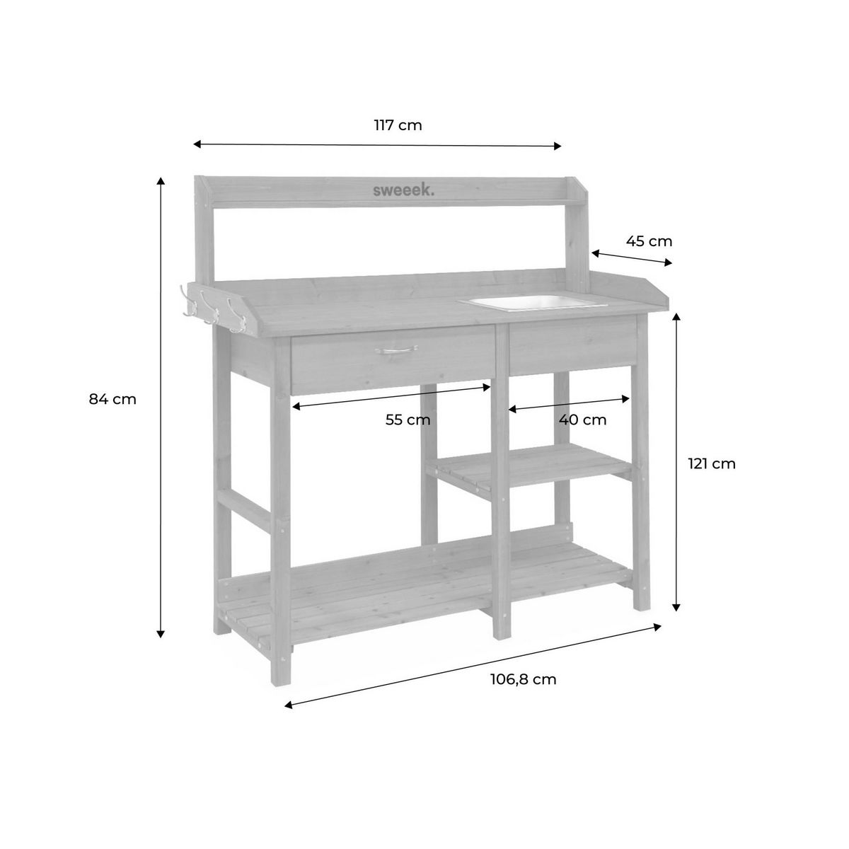 SWEEEK Table de rempotage en bois Capucine. 1 tiroir. 2 étagères. 1 évier. crochets