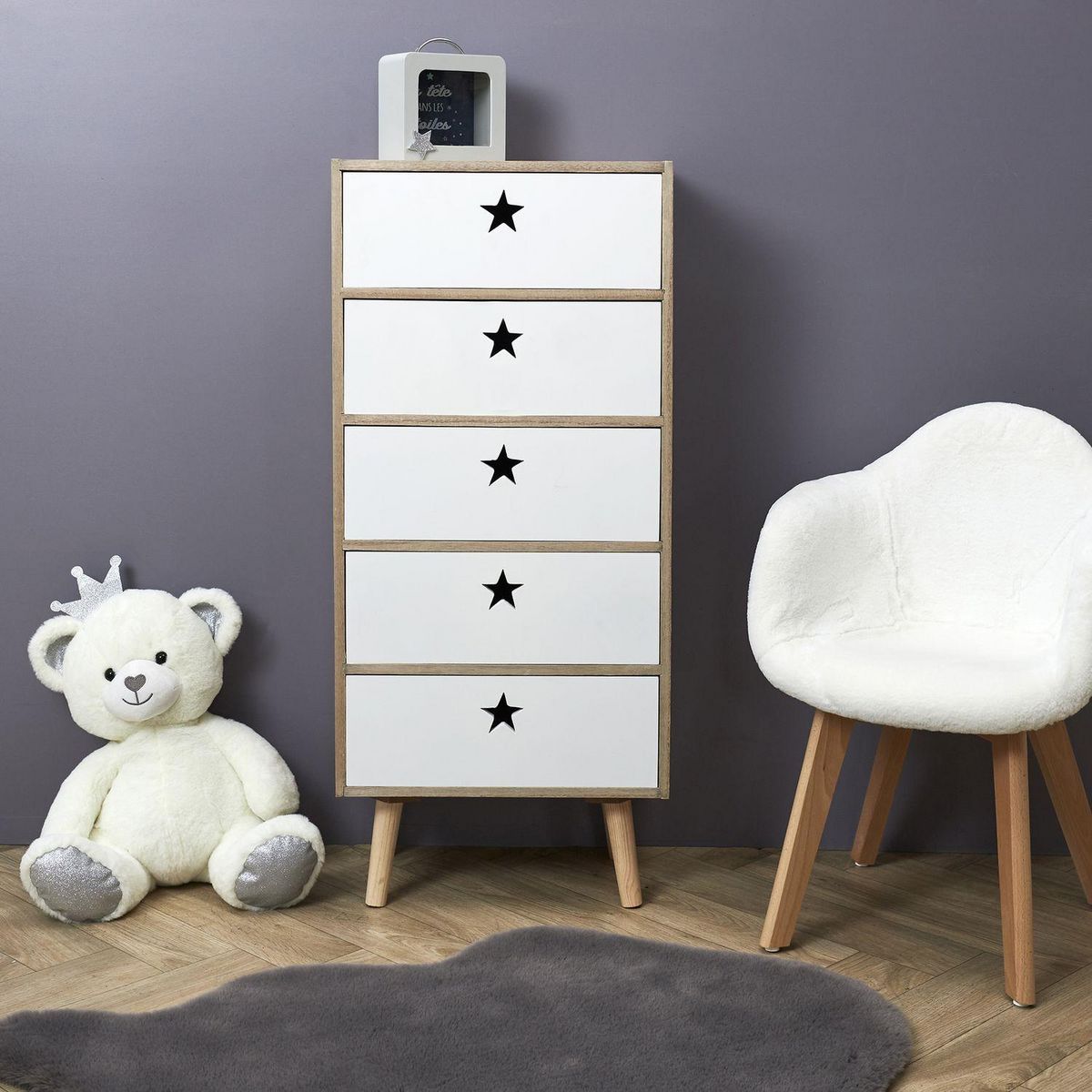 TOILINUX Chiffonnier 5 tiroirs - en MDF et Bois - Blanc et Marron