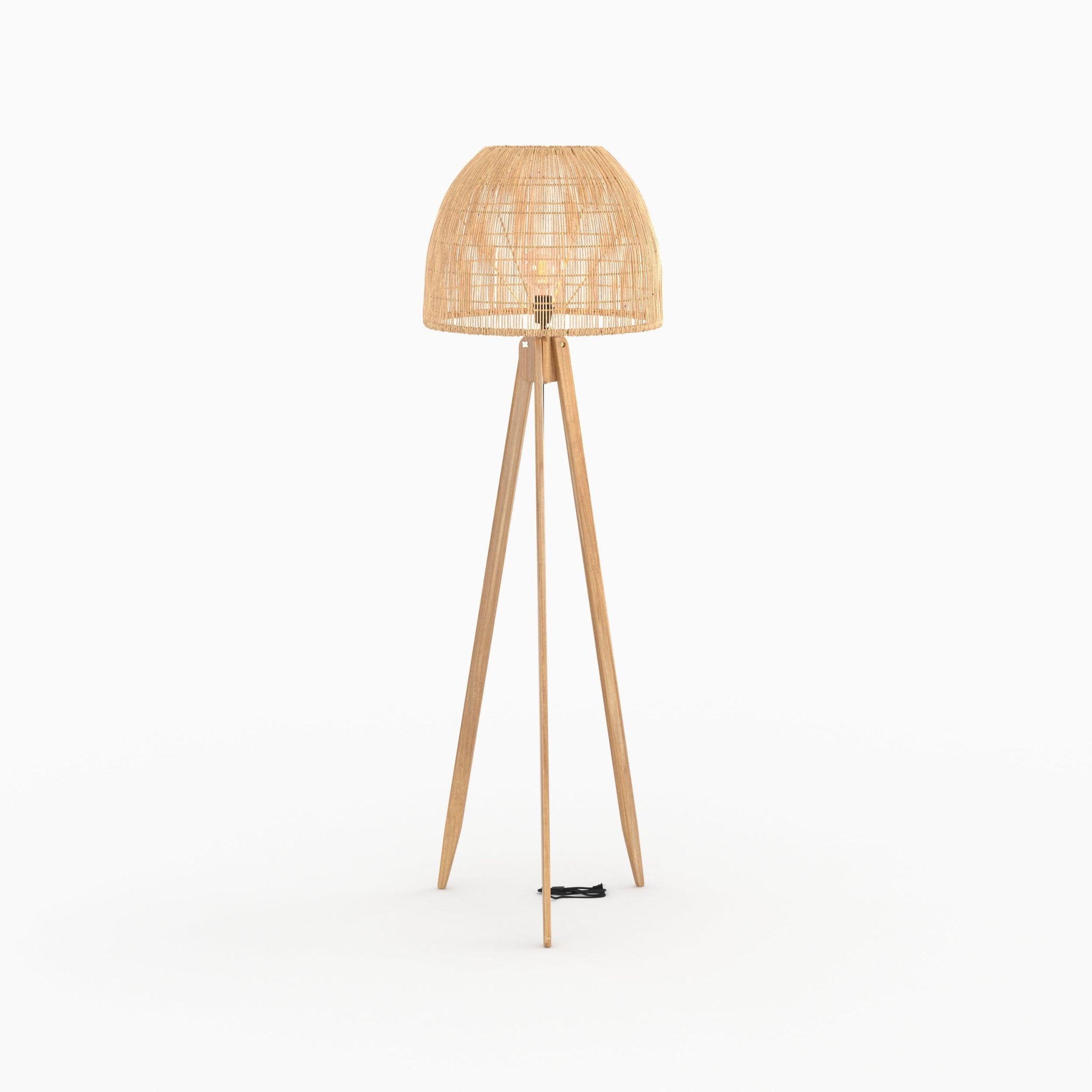 MAISON PAVANE Lampadaire trépied en rotin et bois de teck massif-corte