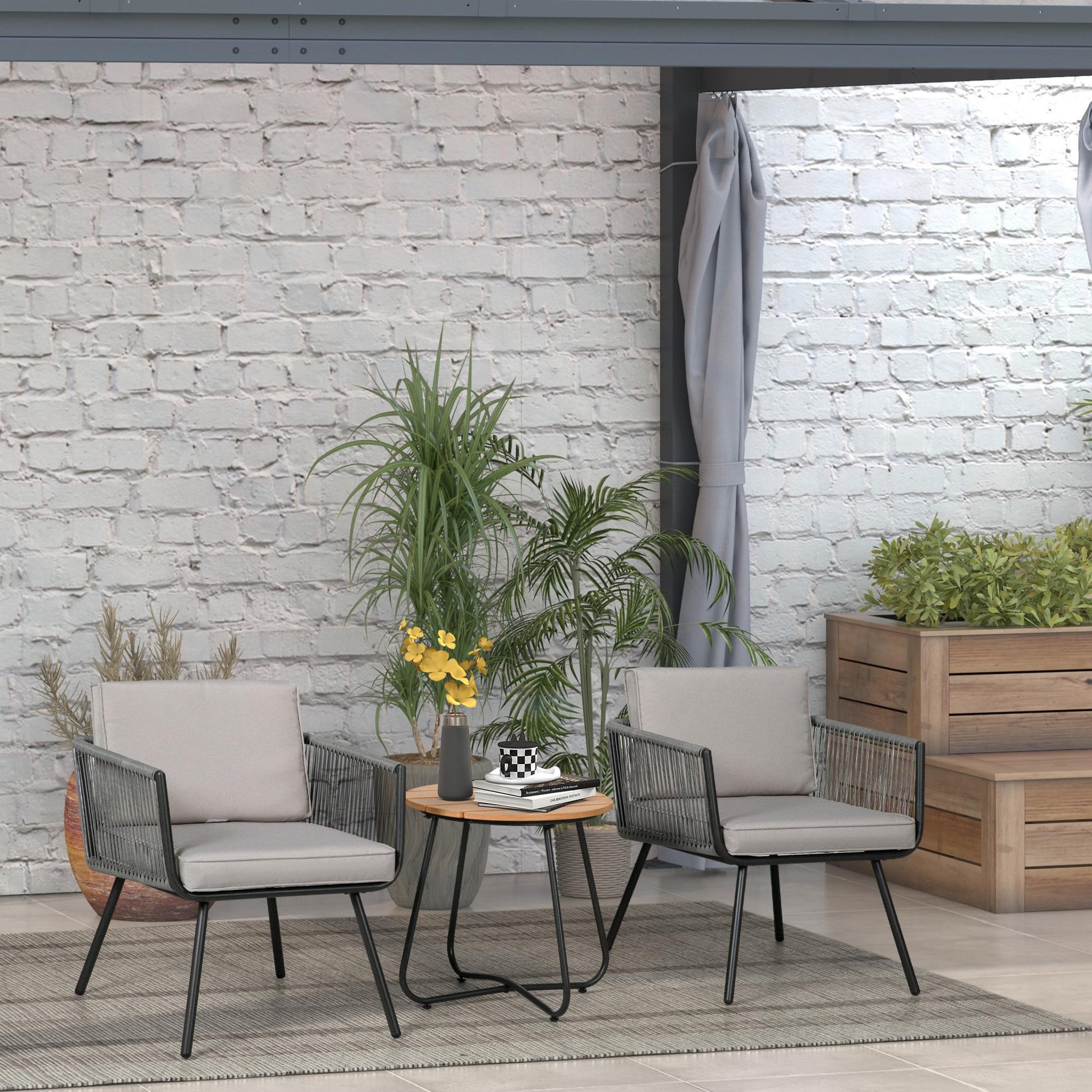 Voir la diapositive 2 : OUTSUNNY Ensemble bistro de jardin 2 places 3 pièces style contemporain coussins gris acier époxy noir résine filaire grise