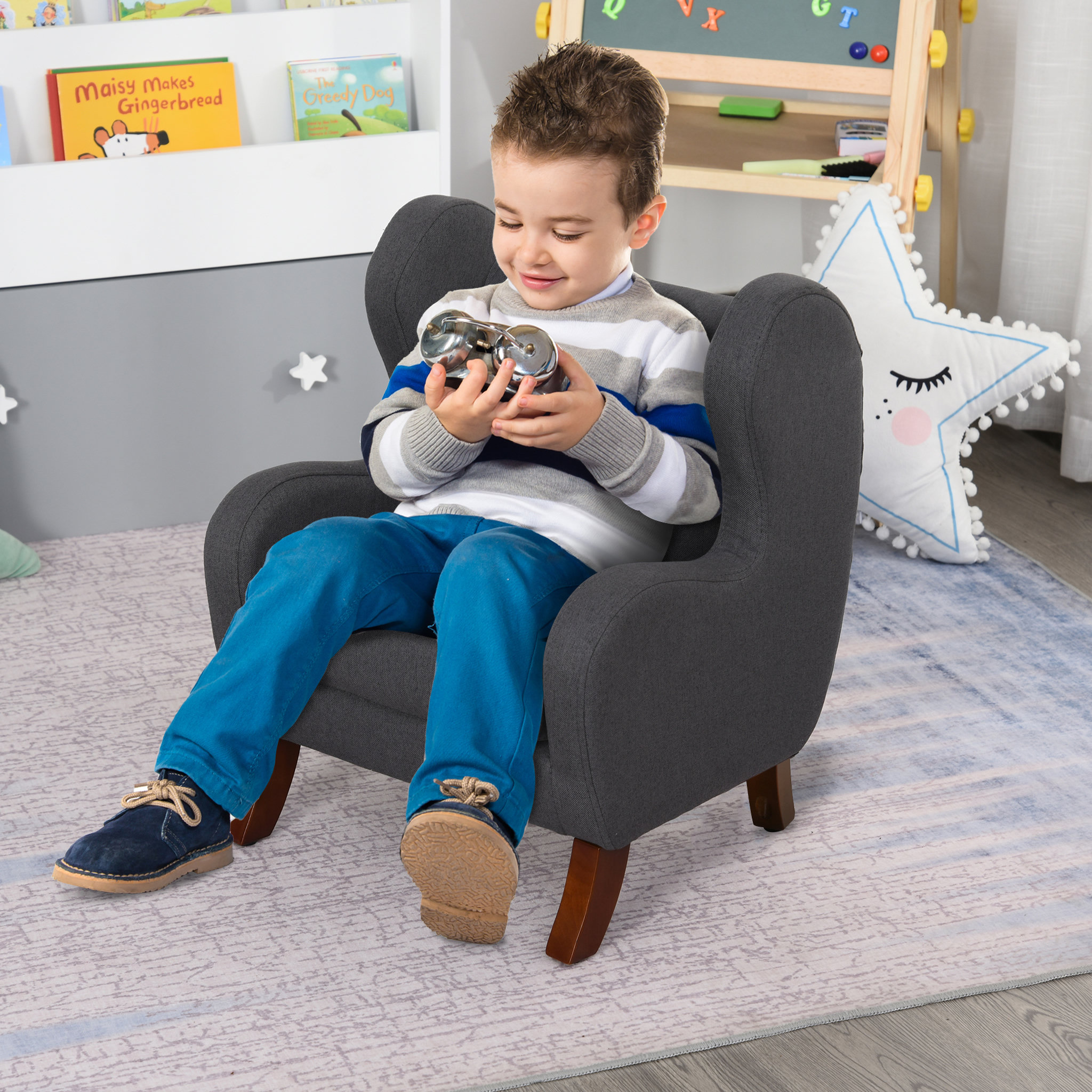 Voir la diapositive 2 : HOMCOM Fauteuil enfant oreilles grand confort accoudoirs assise dossier garnissage mousse haute densité piètement bois hévéa verni lin gris