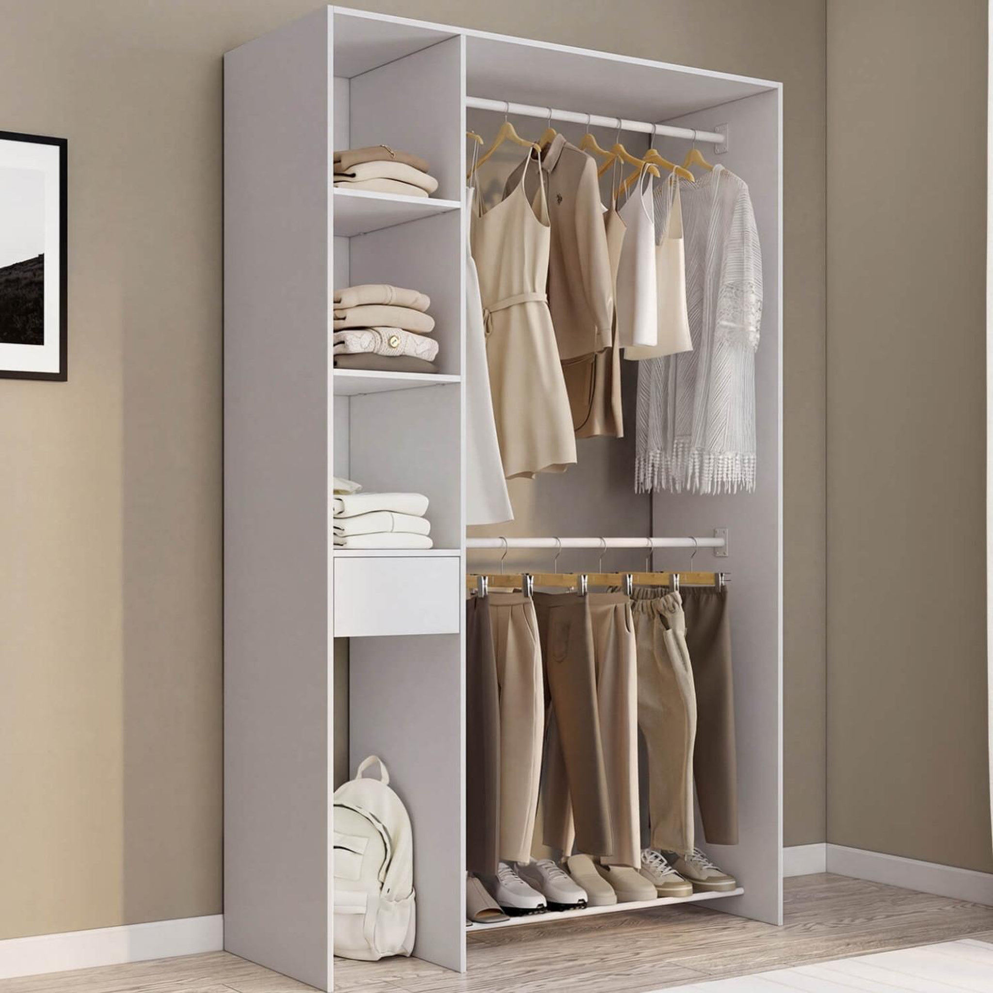 Voir la diapositive 2 : ID MARKET Dressing double penderie l. 110 cm mirty avec étagères + tiroir + rangements à chaussures blanc