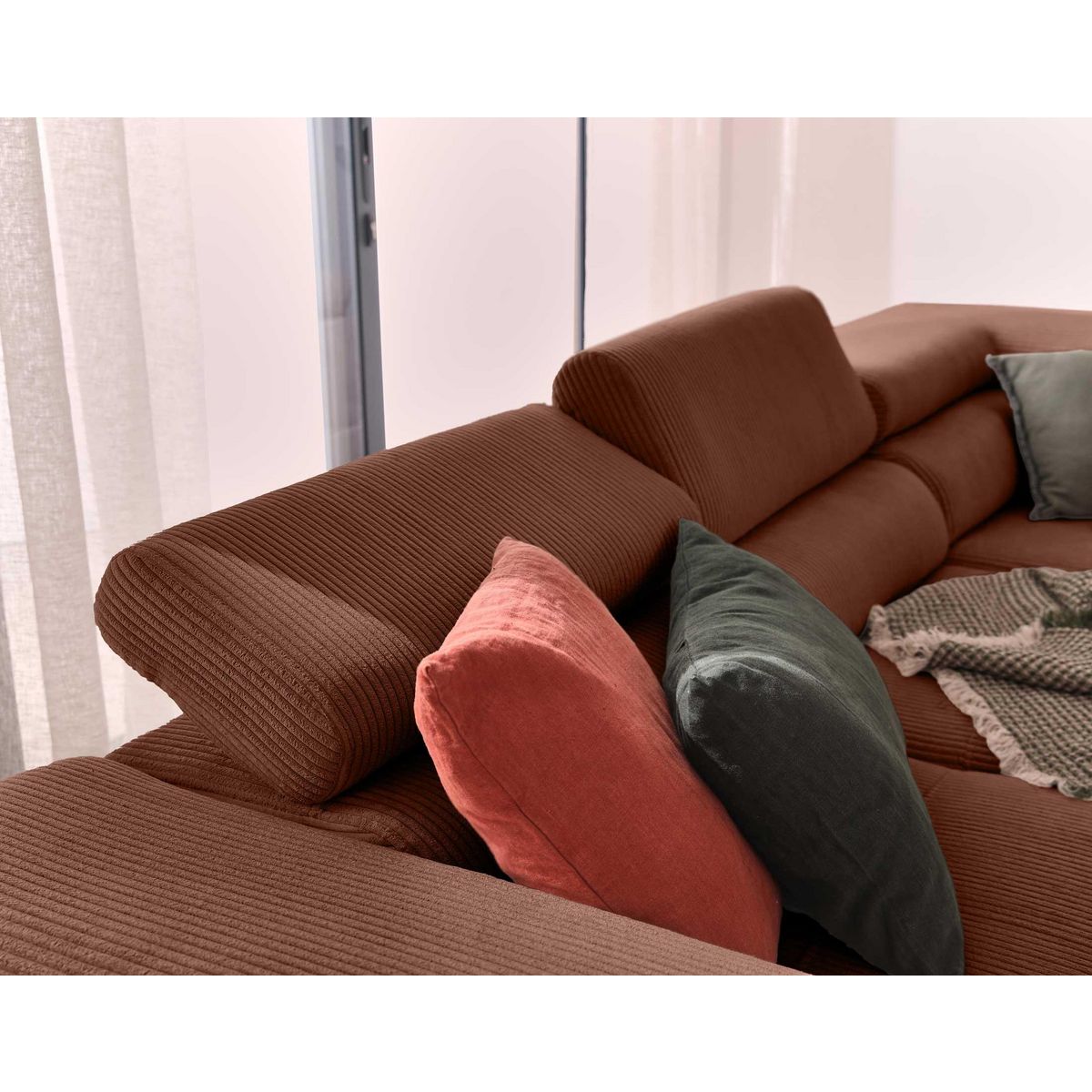 BEST MOBILIER Zaria - canapé d'angle droit - convertible avec coffre et têtières réglables - 5 places - en velours côtelé