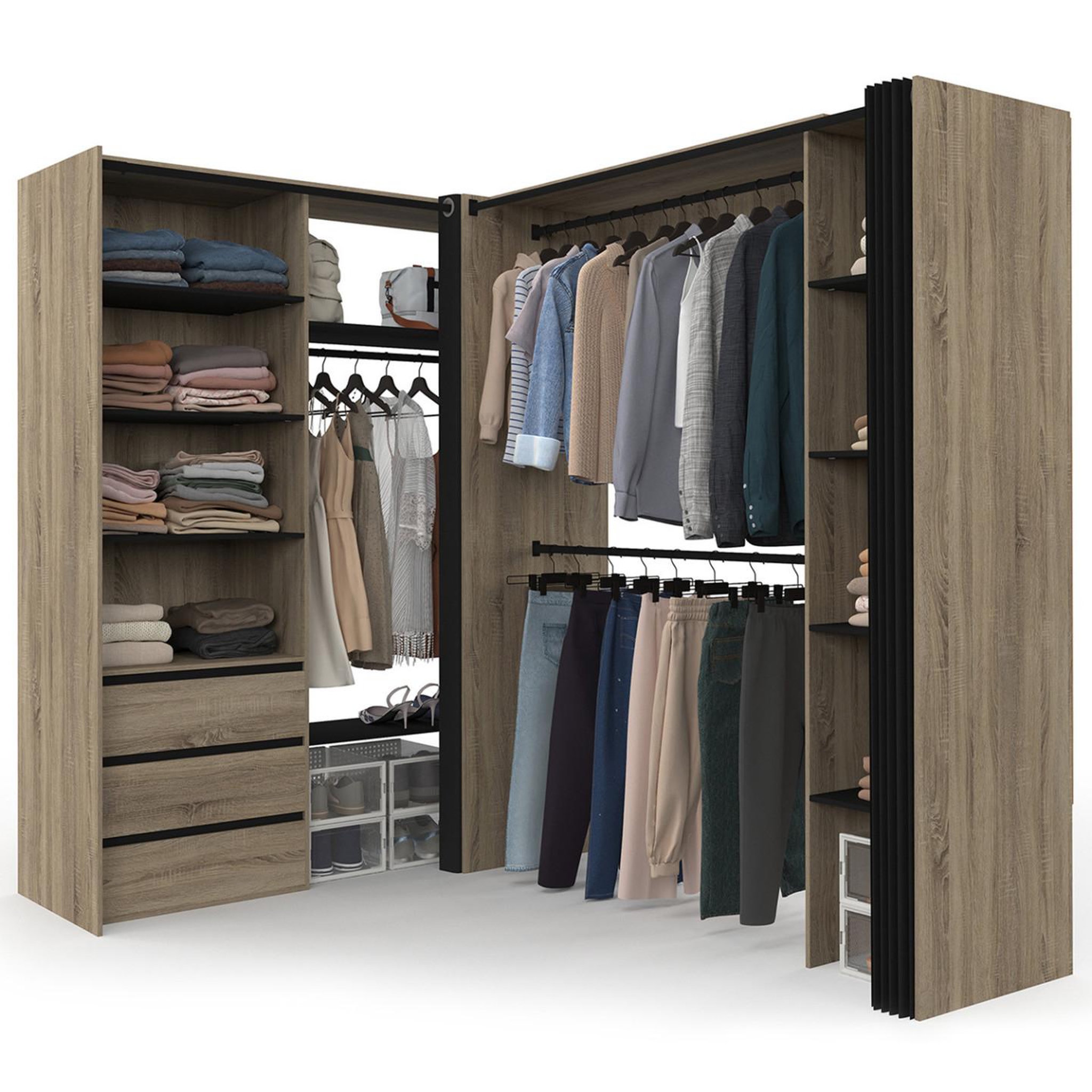 ID MARKET Dressing extensible d'angle marlon 200 x 150 x 180 cm hêtre avec penderies + tiroirs + étagères + rideaux noirs