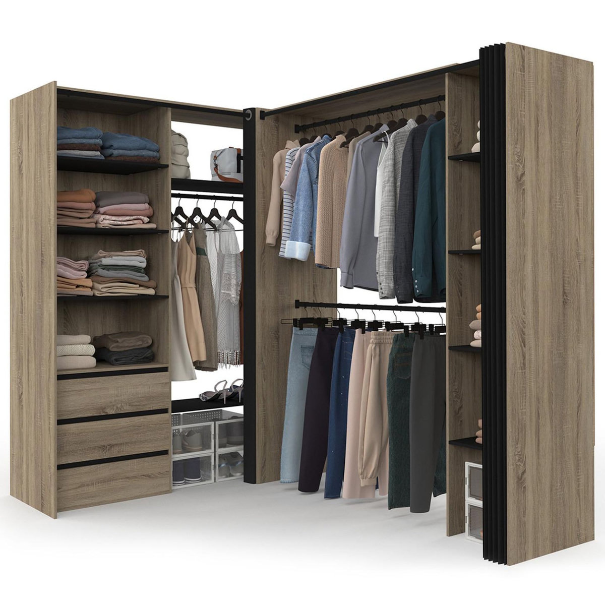 ID MARKET Dressing extensible d'angle MARLON 200 x 150 x 180 cm hêtre avec penderies + tiroirs + étagères + rideaux noirs