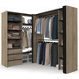 Voir la diapositive 1 : ID MARKET Dressing extensible d'angle MARLON 200 x 150 x 180 cm hêtre avec penderies + tiroirs + étagères + rideaux noirs