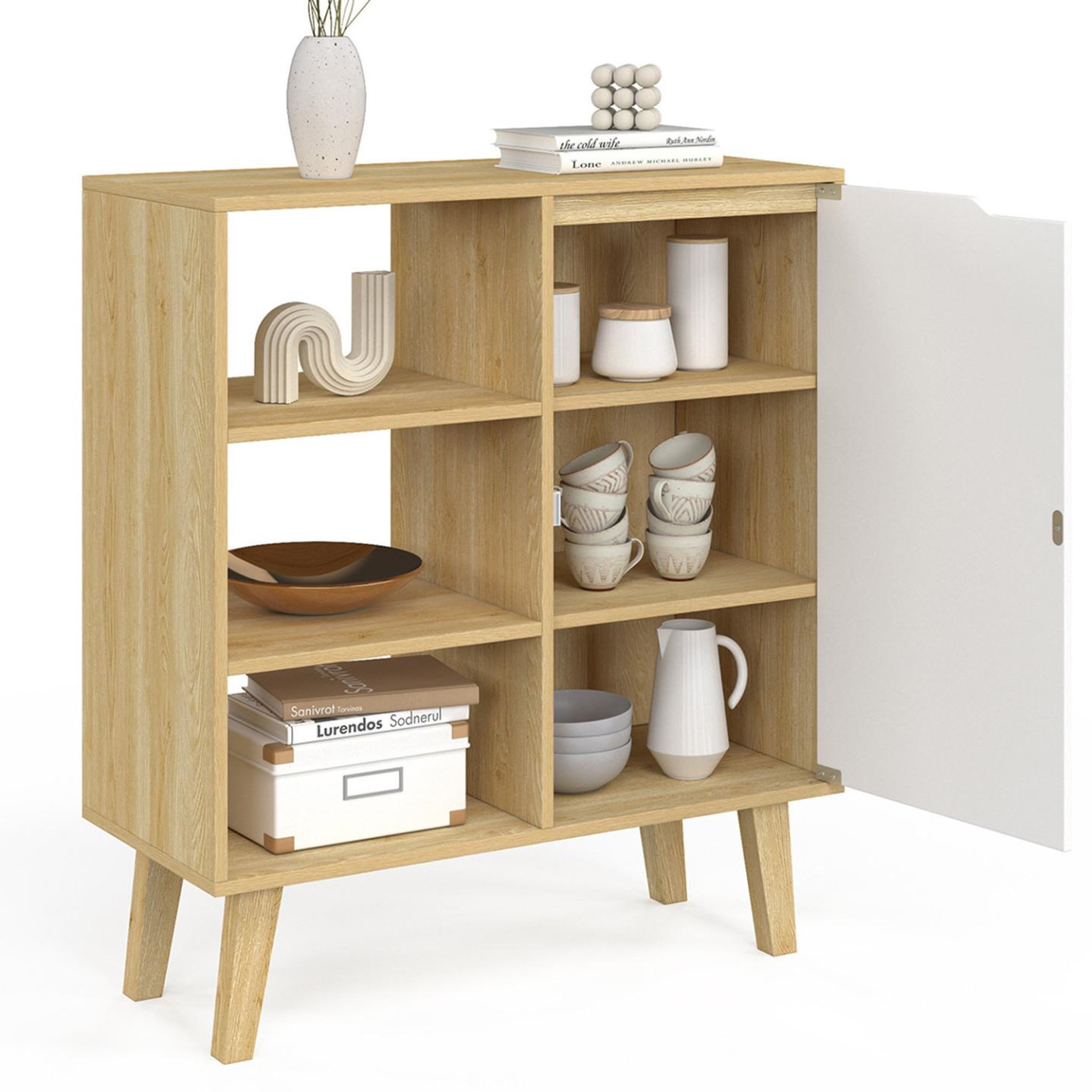 Voir la diapositive 4 : ID MARKET Buffet d'appoint 3 étagères et placard 70 cm finn blanc et bois façon hêtre