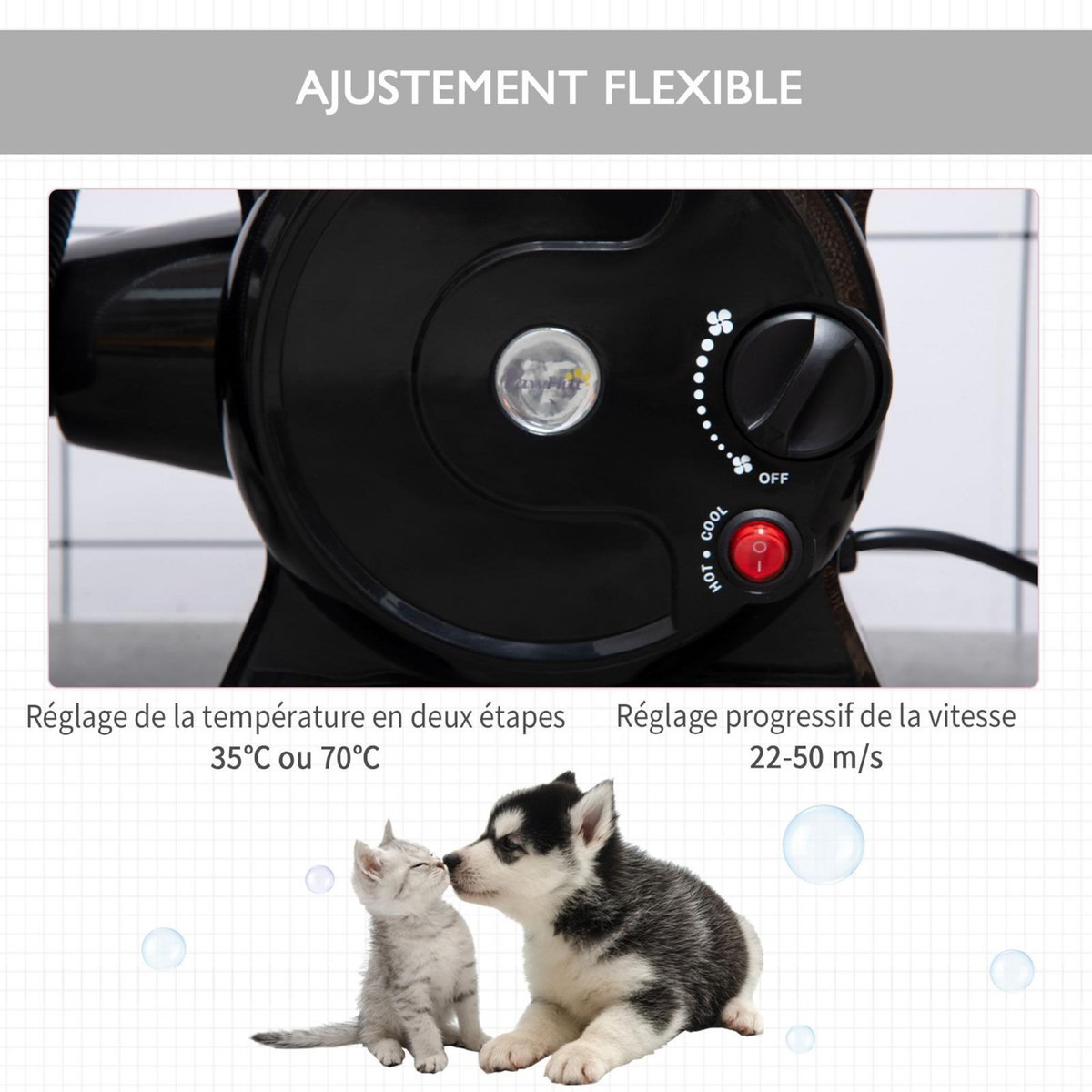 PAWHUT Séchoir sèche-poils toilettage pour chien chat animaux 2400 W - température vitesse réglable - 3 embouts - noir