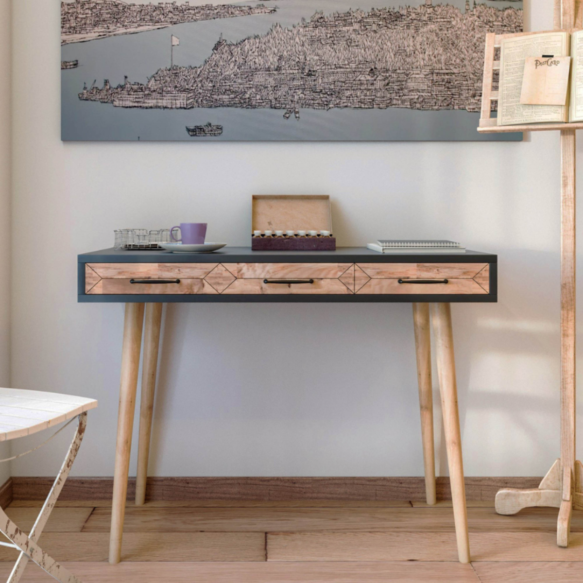 CONCEPT USINE Bureau scandinave effet chêne - 2 tiroirs VIRRAT