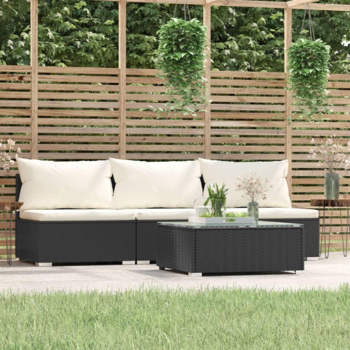 VIDAXL Salon de jardin 4 pcs avec coussins Noir Resine tressee