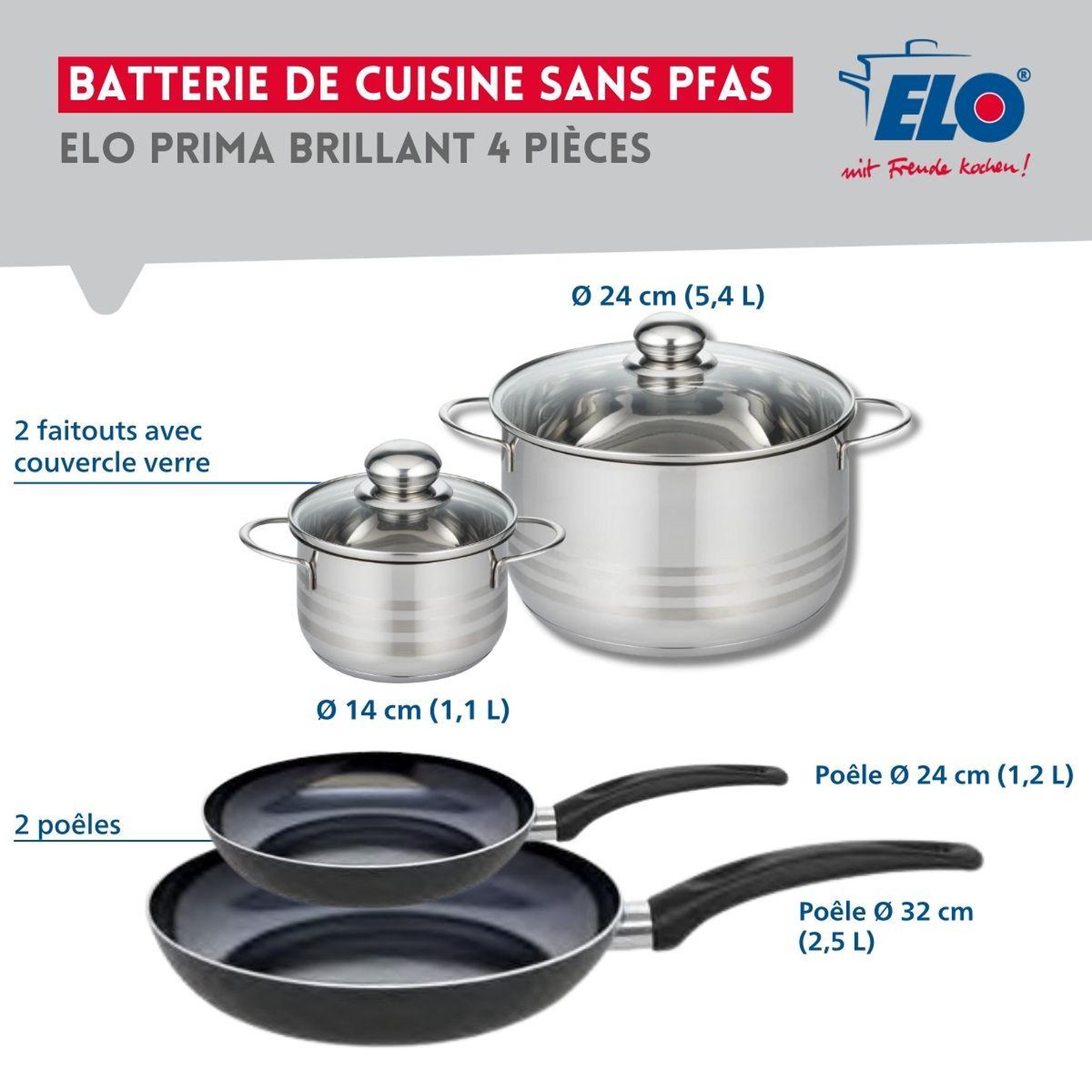 Voir la diapositive 2 : ELO Ensemble de 2 poêles de cuisson 24 et 32 cm et 2 faitouts 14 et 24 cm elo prima brillant