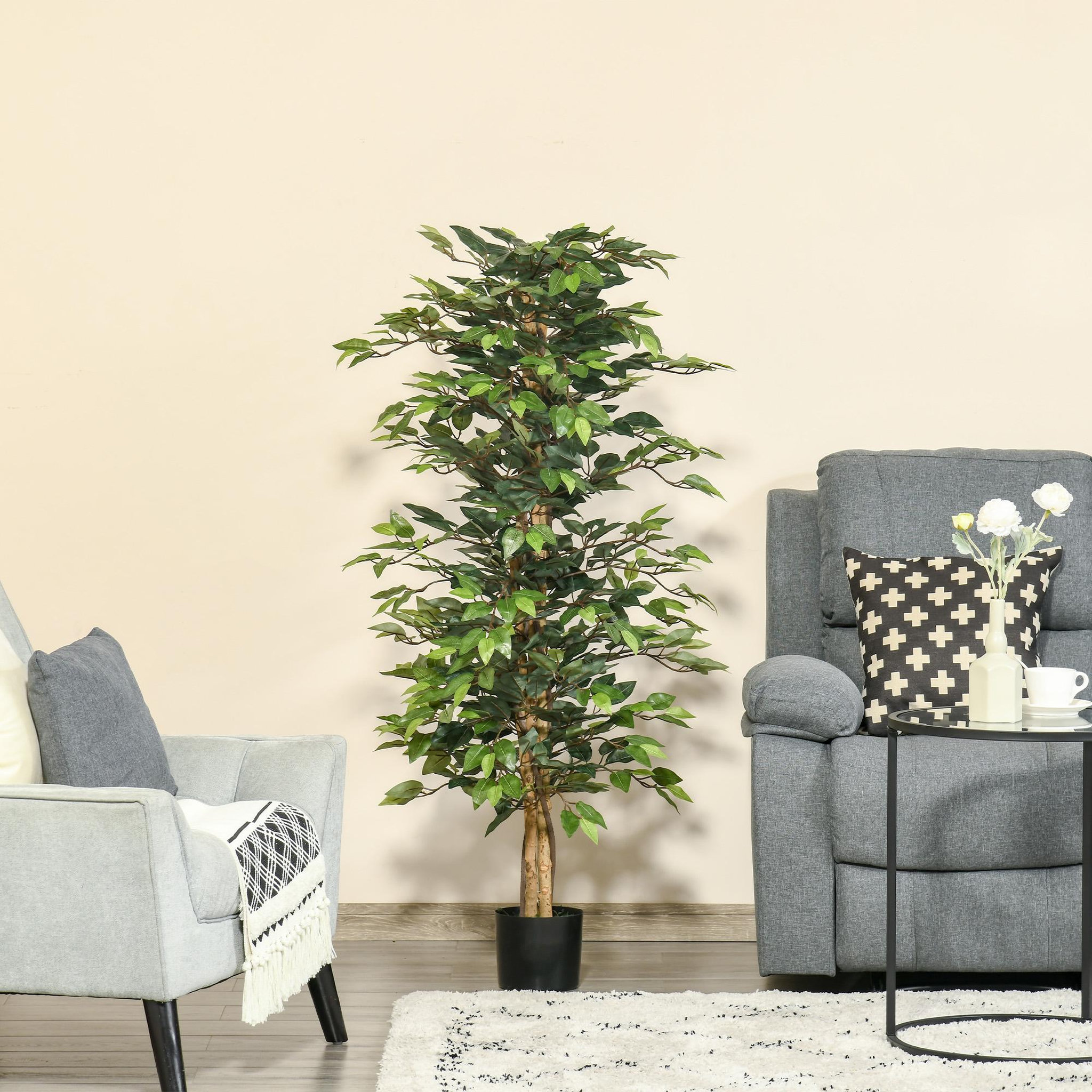 Voir la diapositive 2 : HOMCOM Arbre artificiel plante artificiel ficus hauteur 1,5 m tronc branches liane lichen feuilles grand réalisme pot inclus