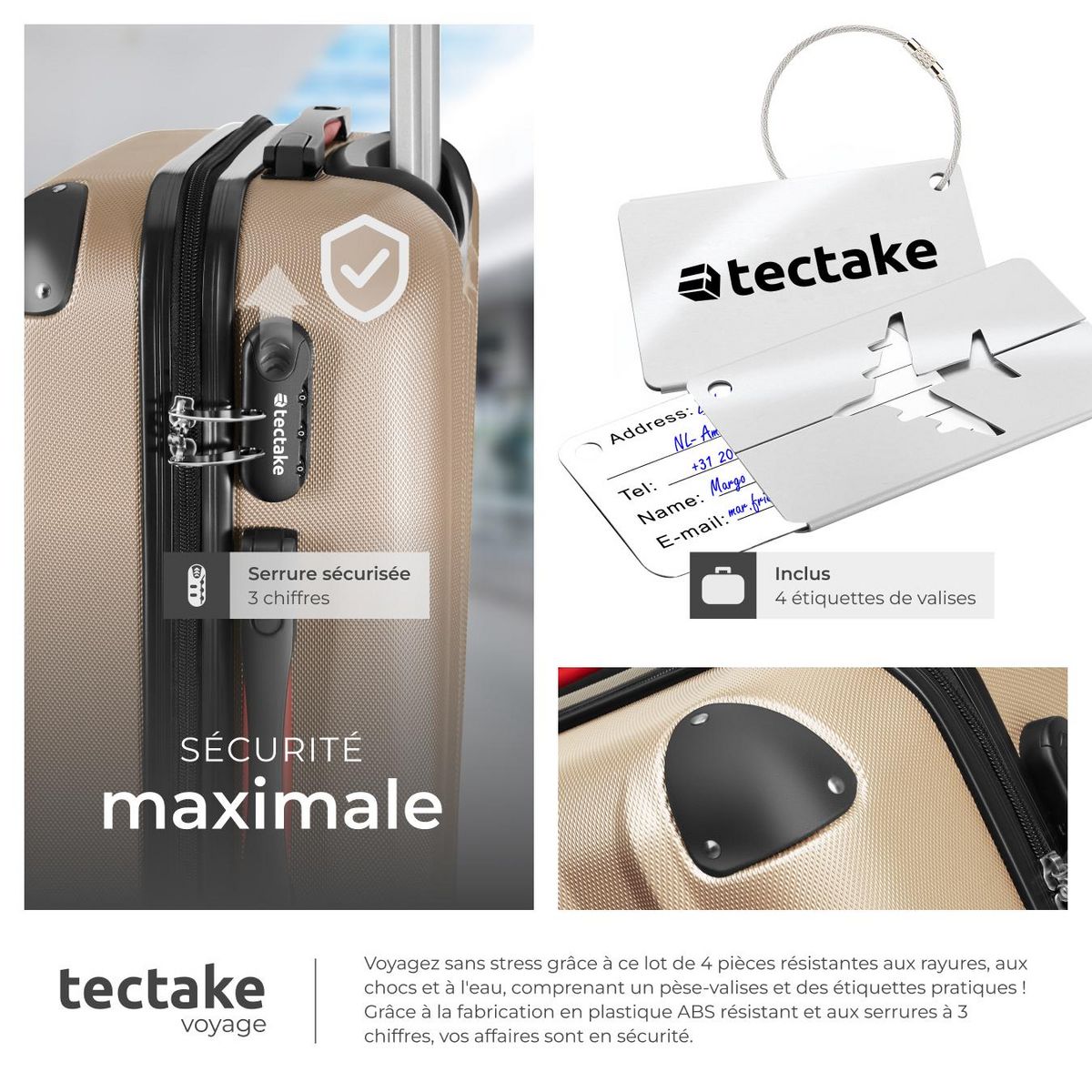 tectake Set de valises rigides 4 pièces, 3 Trolleys, 1 Vanity case, Balance et étiquette bagages inclus champagne