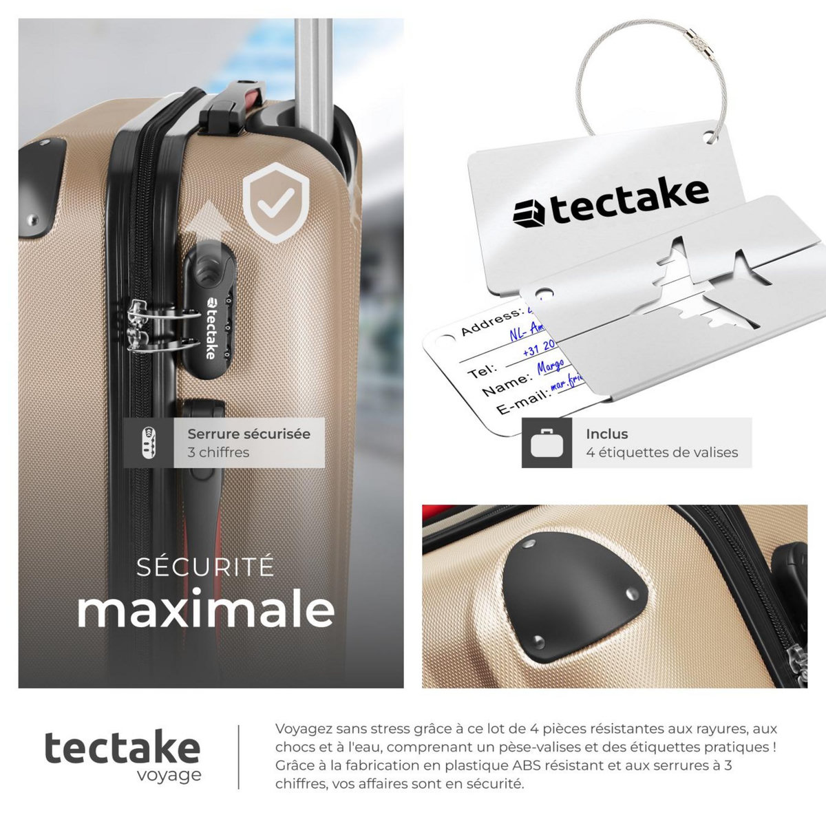 tectake Set de valises rigides 4 pièces, 3 Trolleys, 1 Vanity case, Balance et étiquette bagages inclus champagne