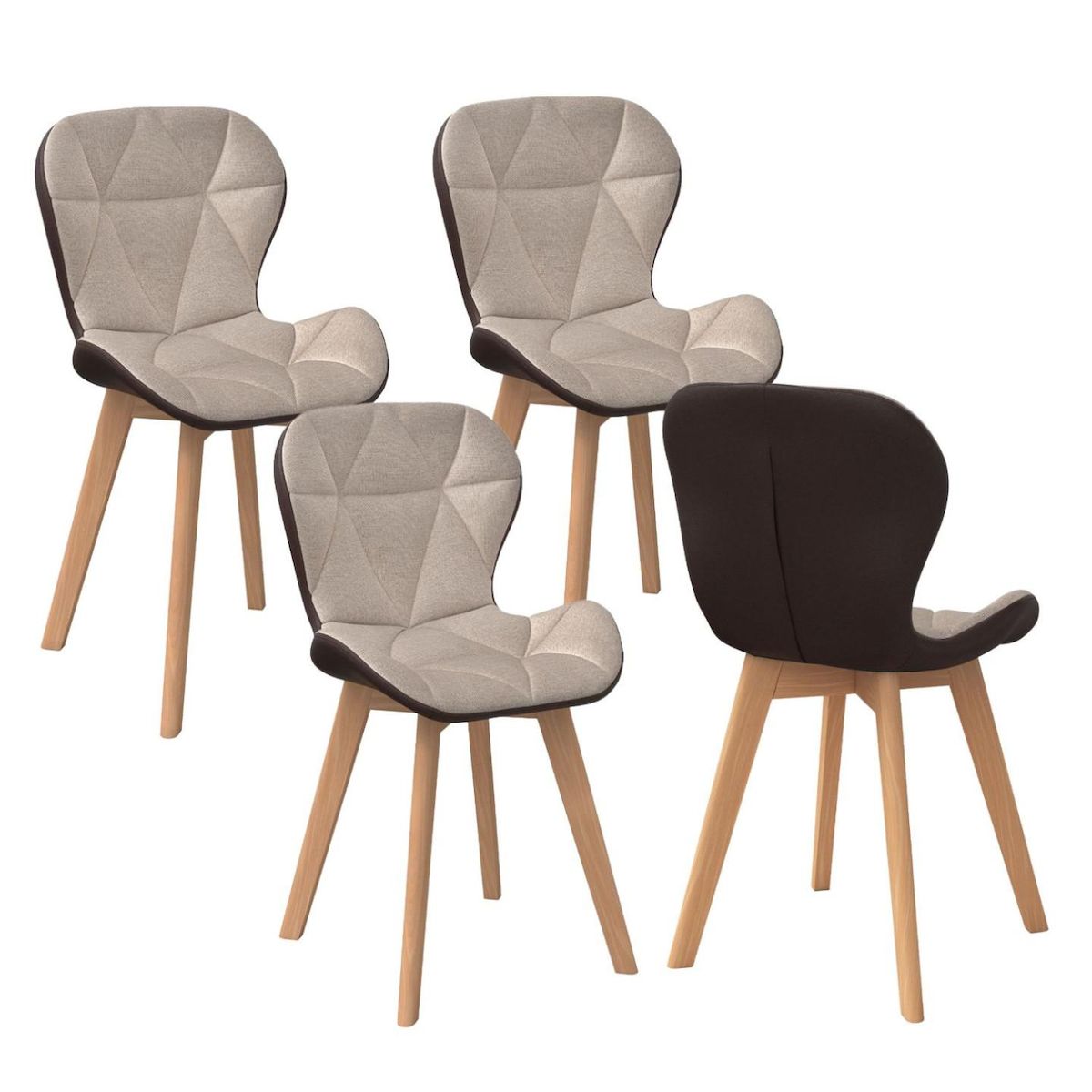 ID MARKET Lot de 4 chaises ROXANE bi-matière en tissu et PU marron et taupe pour salle à manger