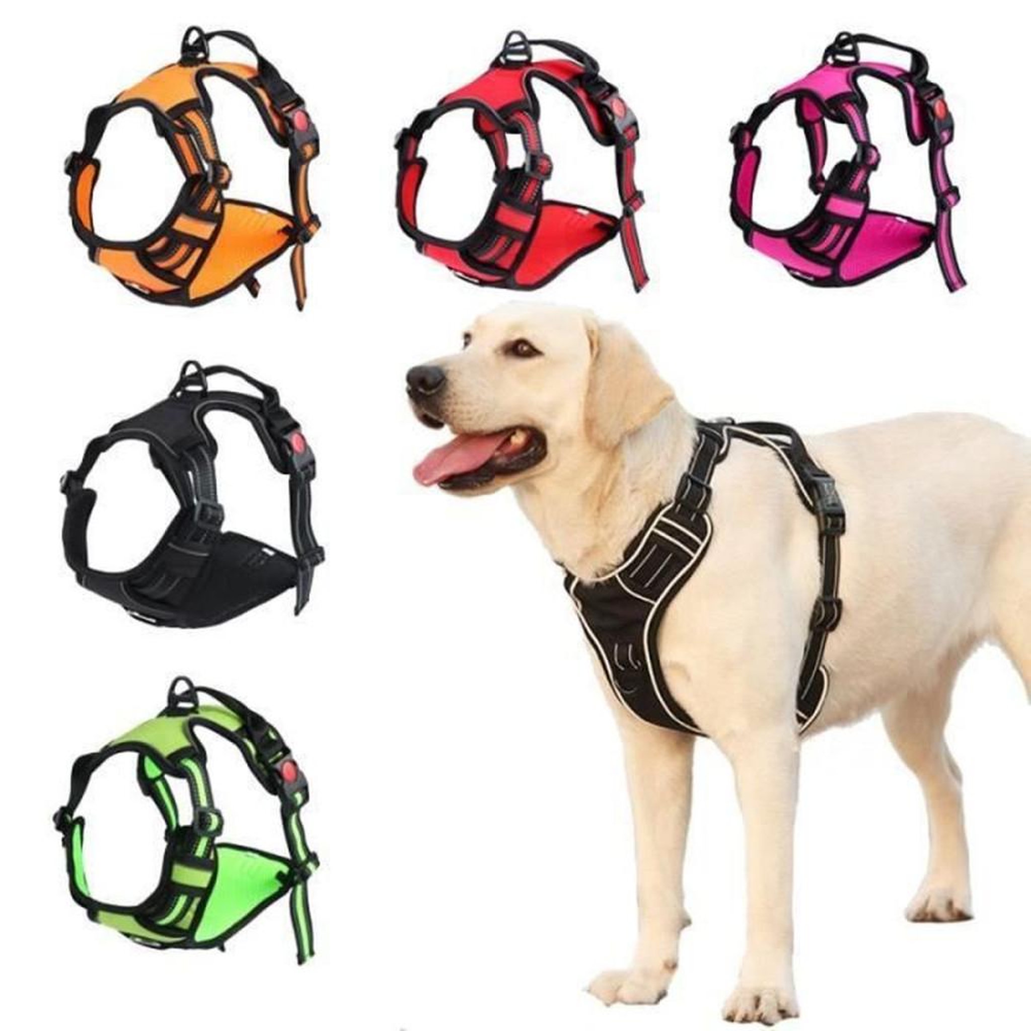 Voir la diapositive 4 : Harnais anti-traction réglable pour chien taille M, orange réfléchissant, bretelles en nylon et sangle thoracique rembourrée en Oxford