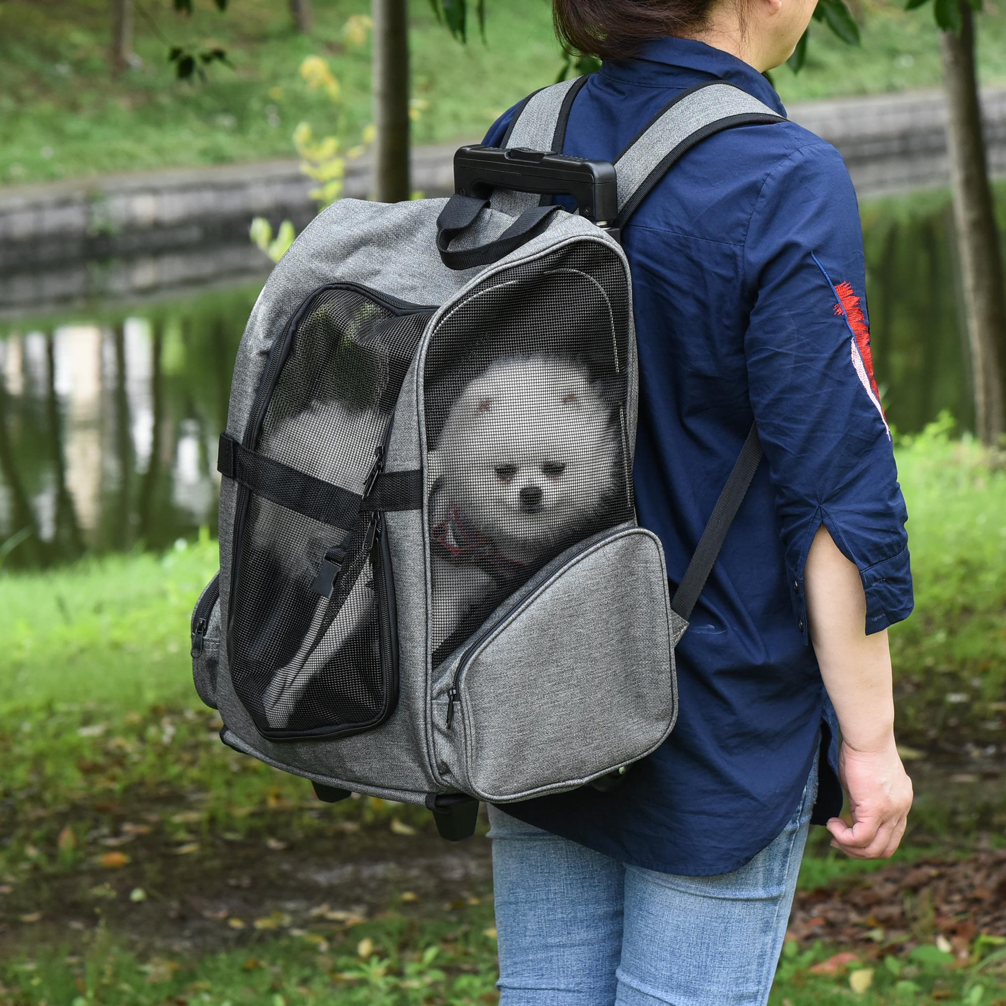 Voir la diapositive 2 : PAWHUT 2 en 1 trolley chariot sac à dos sac de transport à roulettes pour chien chat gris