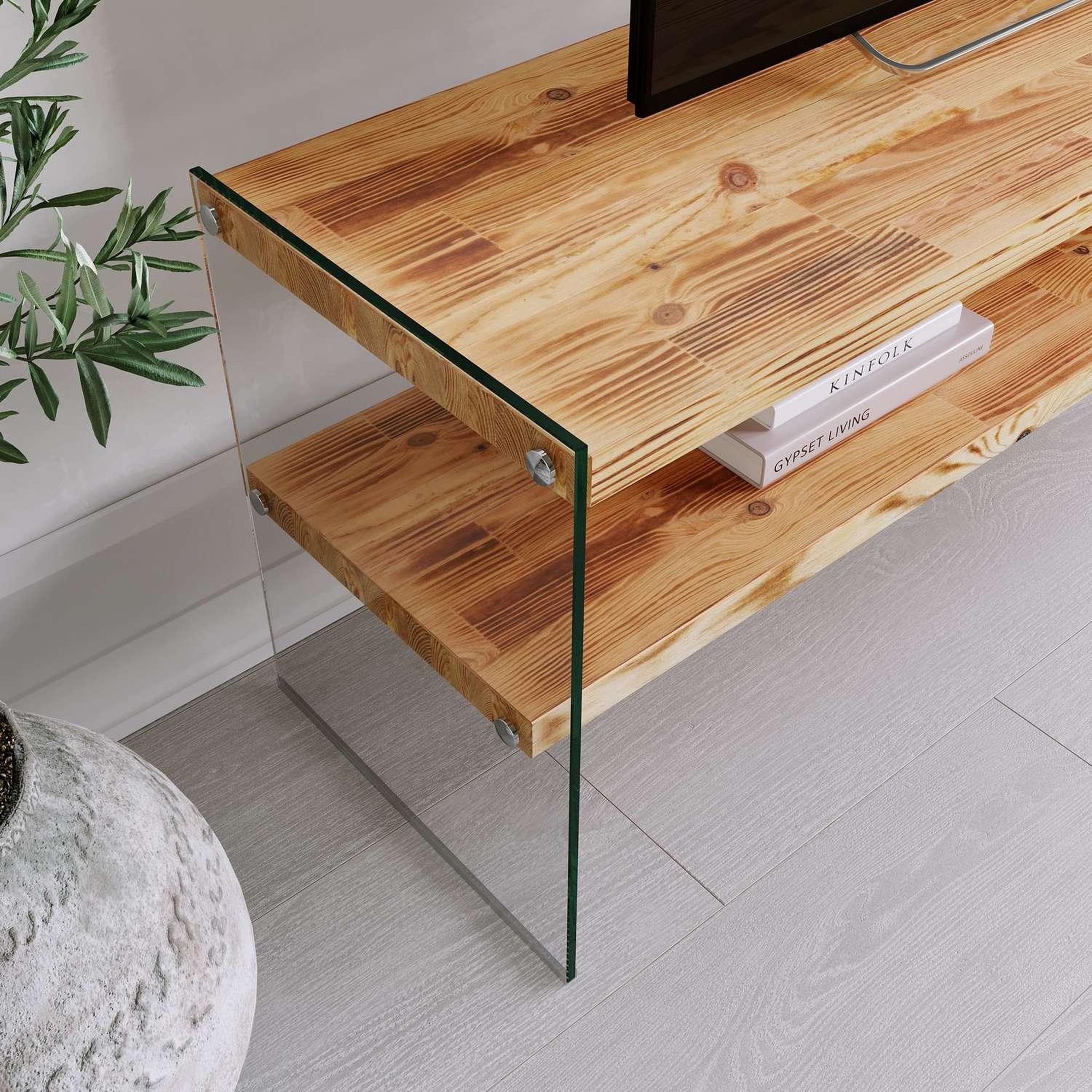 Voir la diapositive 4 : TOILINUX Meuble tv 1 étagère crustallia en verre et bois - transparent et beige