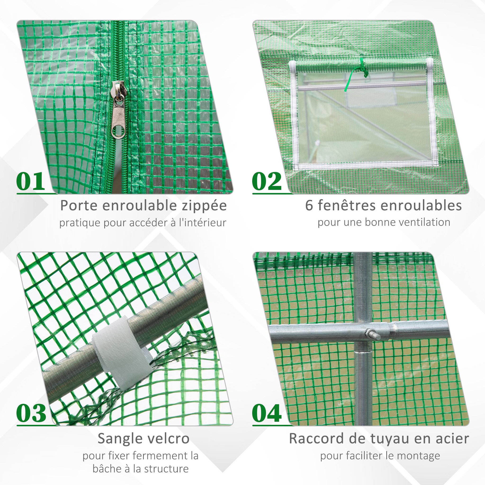 Voir la diapositive 5 : OUTSUNNY Serre tunnel de jardin 3,5 x 3 x 2 m grande taille 6 fenêtres vert