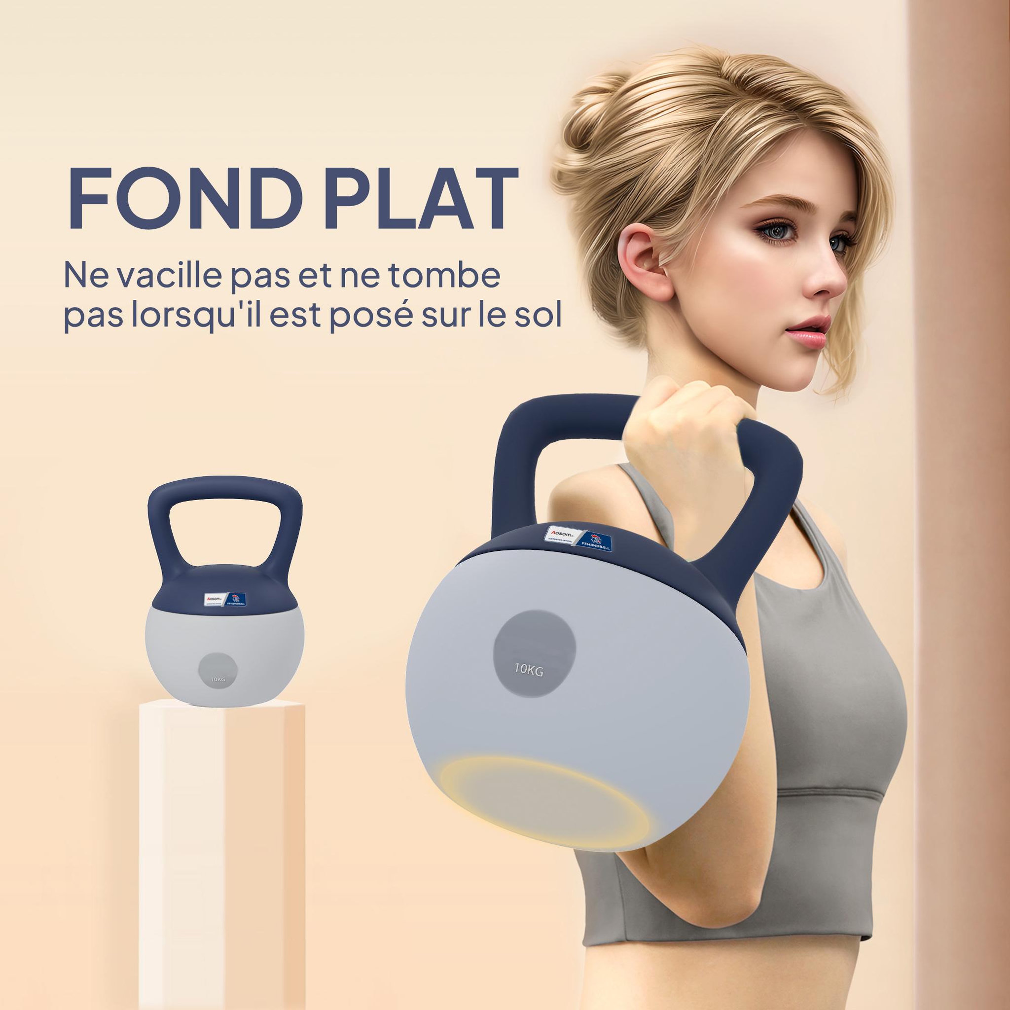 Voir la diapositive 6 : HOMCOM Kettlebell 10 kg collaboration aosom.fr x ffhandball - prise ergonomique - pvc gris jaune