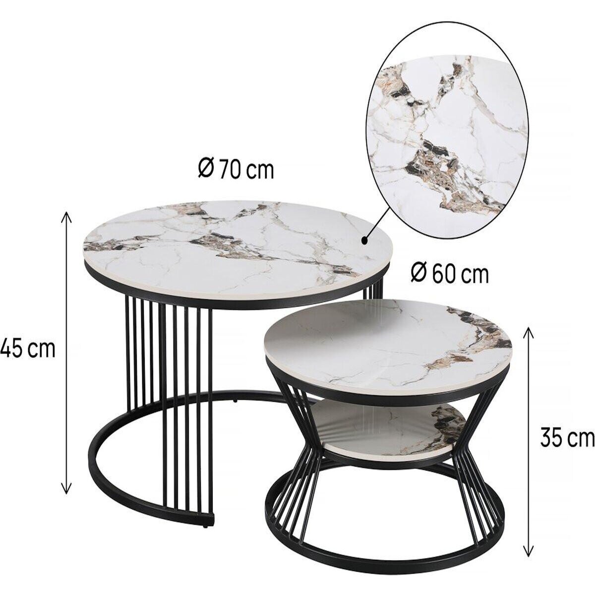 Habitat et Jardin Lot de 2 tables basses gigognes en céramique  Ombre  - 70 x 70 x 45 cm - Blanc