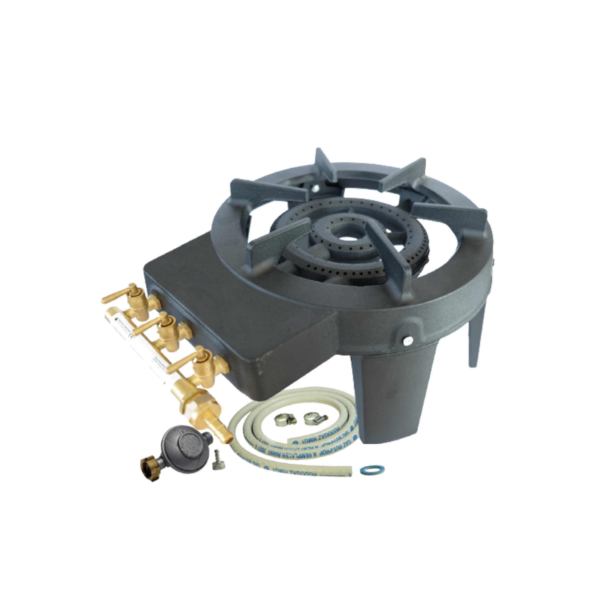 MEVA Rechaud gaz Traiteur Fonte véritable 9.8 kw 4 pieds 3 robinets + Tuyau gaz et détendeur