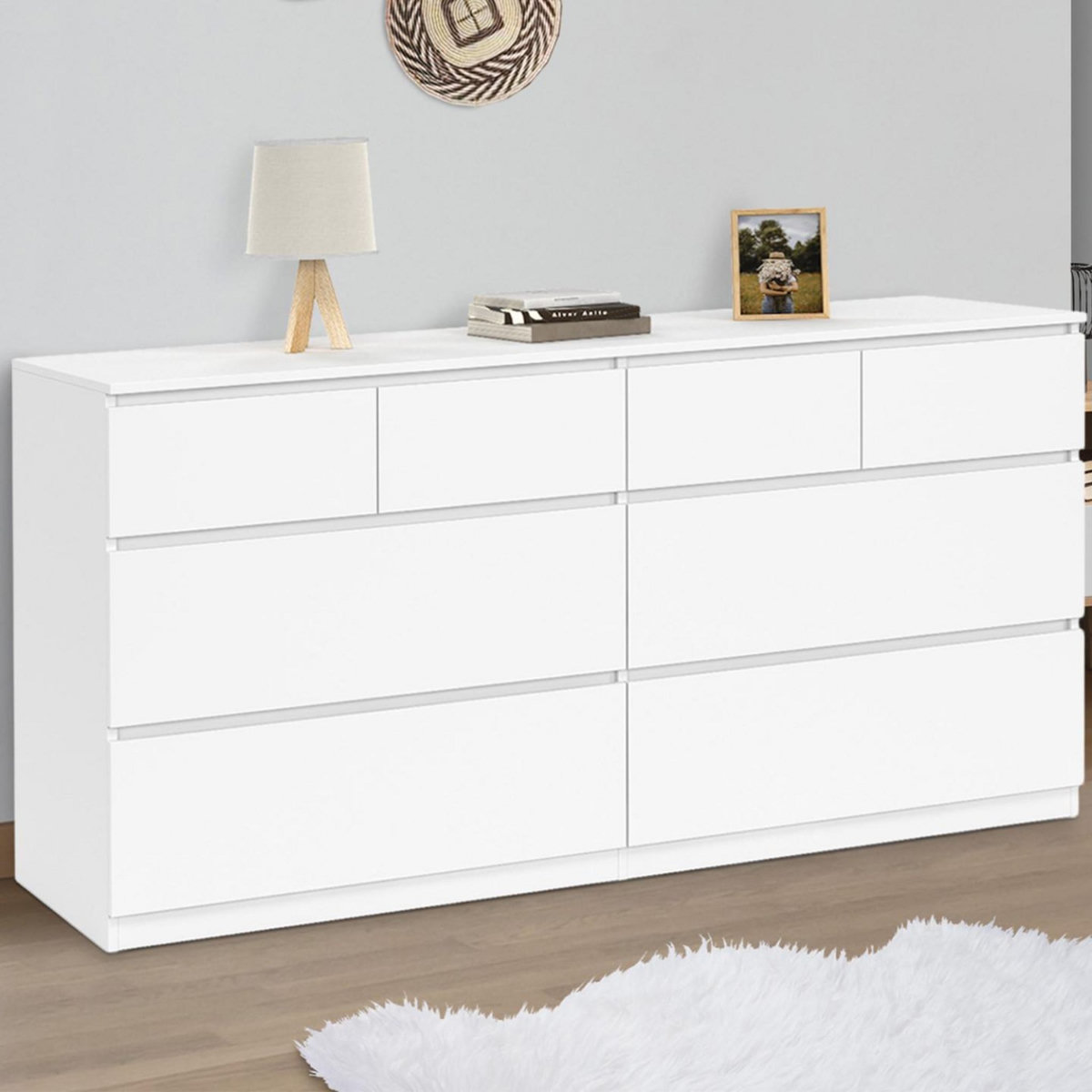 ID MARKET Commode 8 tiroirs TOMI 160 cm bois blanc