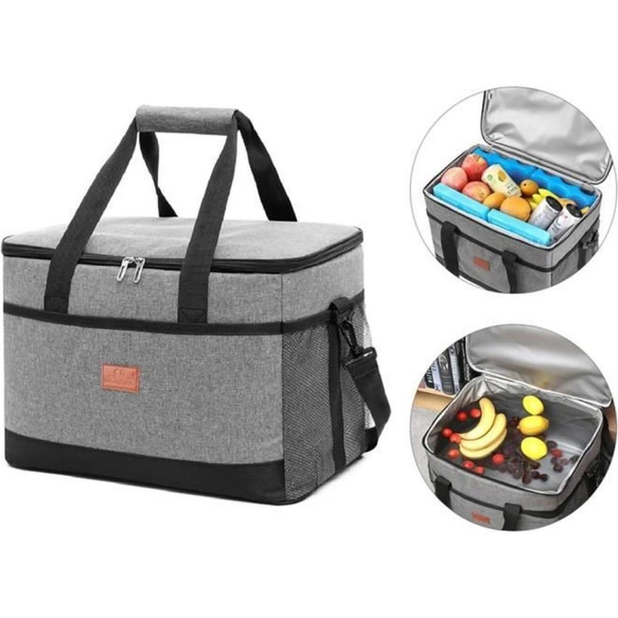 Sac isotherme pliable 32 L gris doublure PEVA 42x31x28 cm fermeture éclair ouverture large