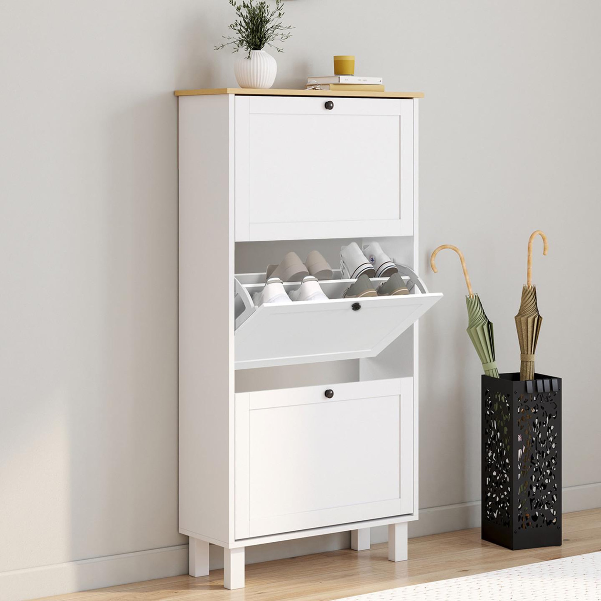 Voir la diapositive 2 : ID MARKET Meuble à chaussures 18 paires achille 3 portes blanc et plateau bois